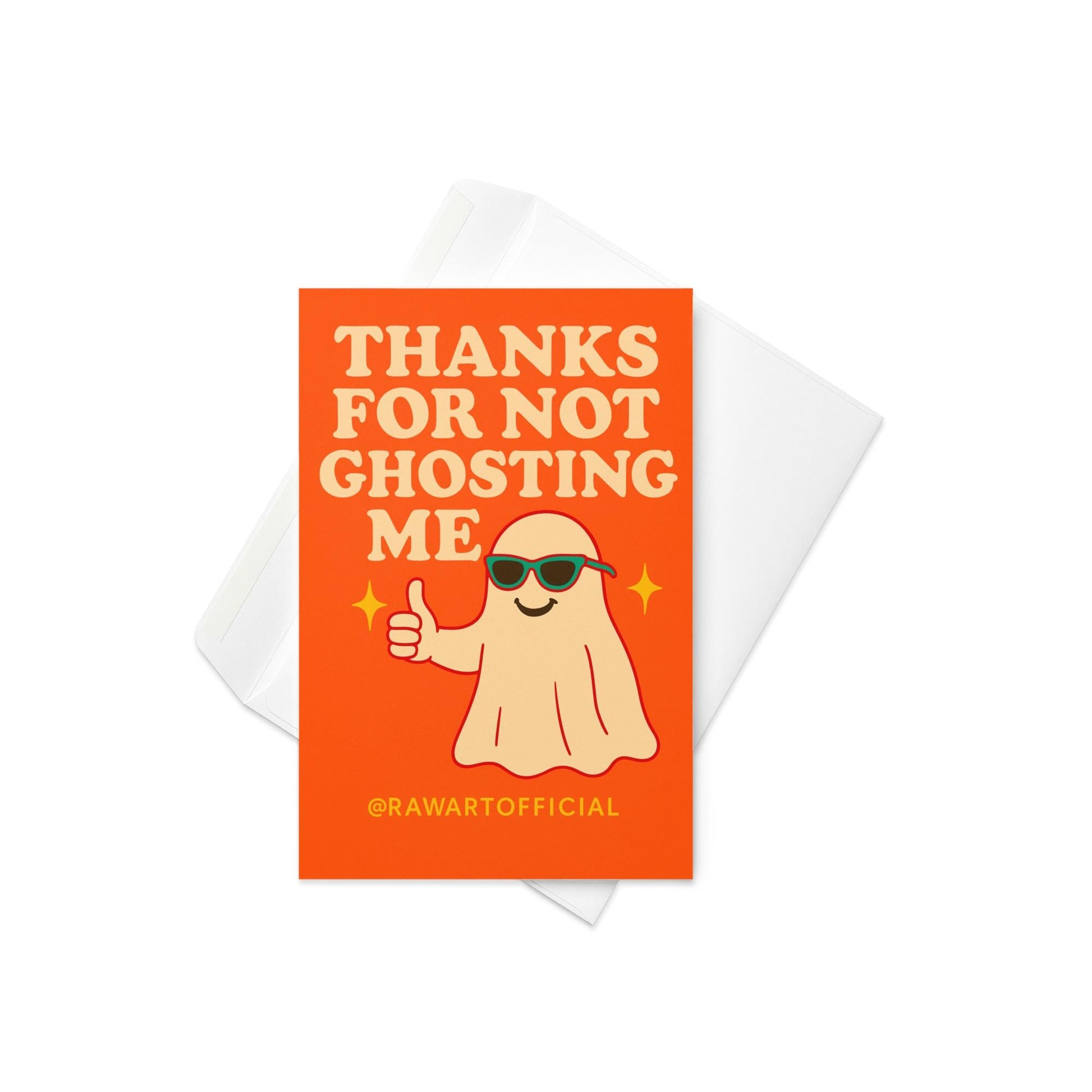 Retro ghost thank you card with sunglasses and “Thanks For Not Ghosting Me” text.