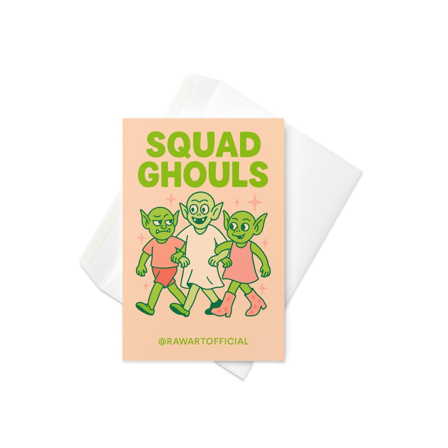 Retro pastel Halloween card featuring three green goblin girls linking arms with “Squad Ghouls” text in bold green letters.