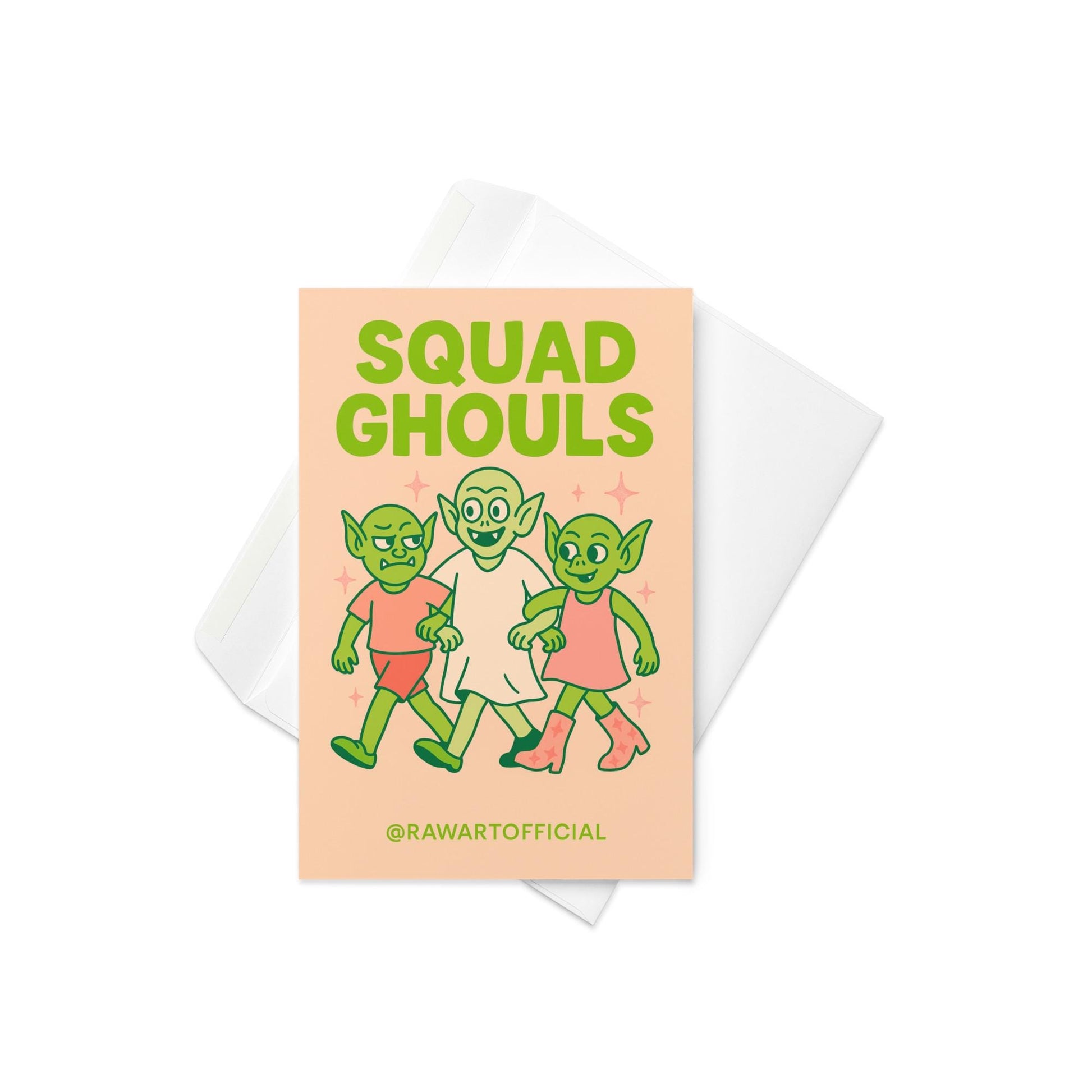 Retro pastel Halloween card featuring three green goblin girls linking arms with “Squad Ghouls” text in bold green letters.