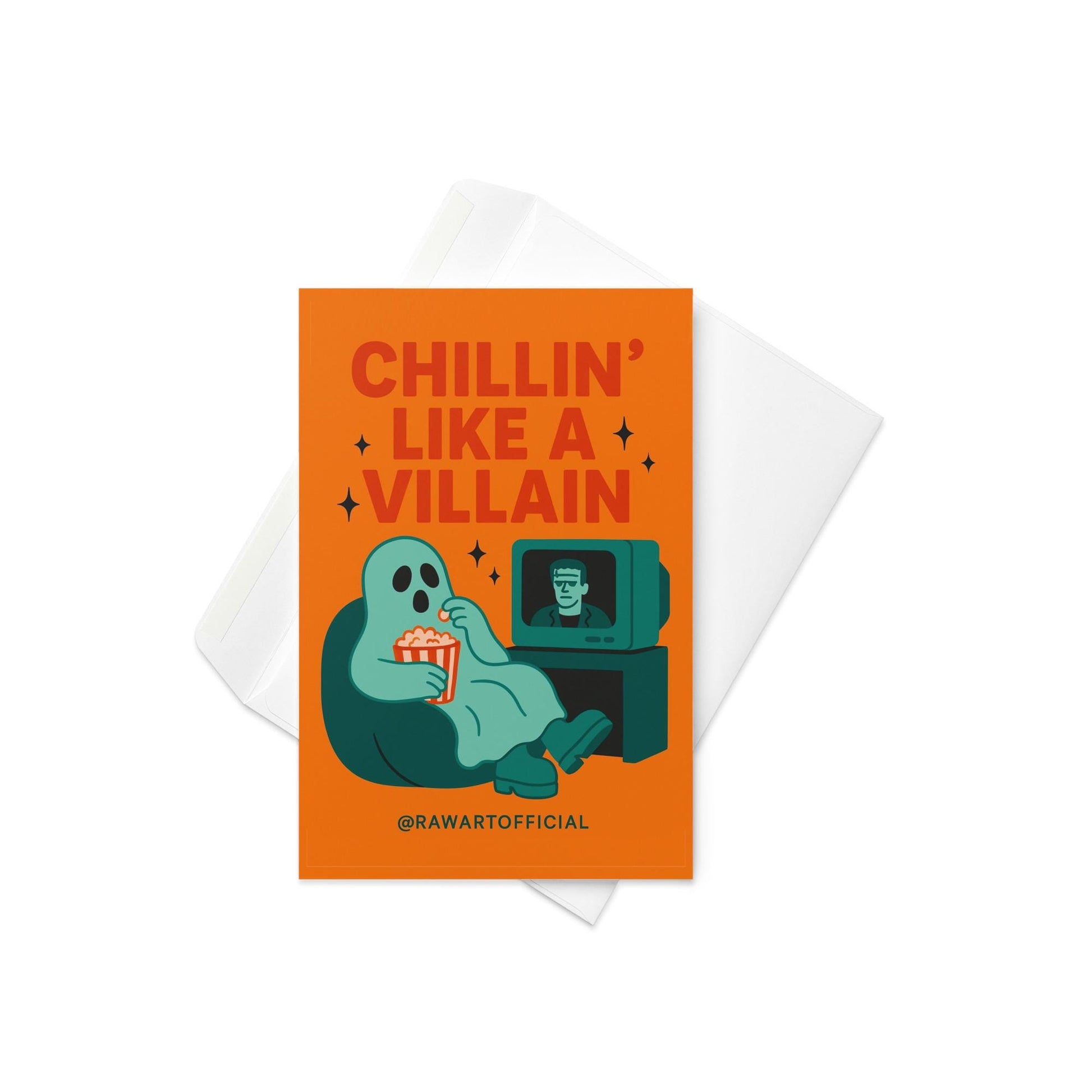 Funny Halloween card with retro ghost eating popcorn and “Chillin’ Like a Villain” text.