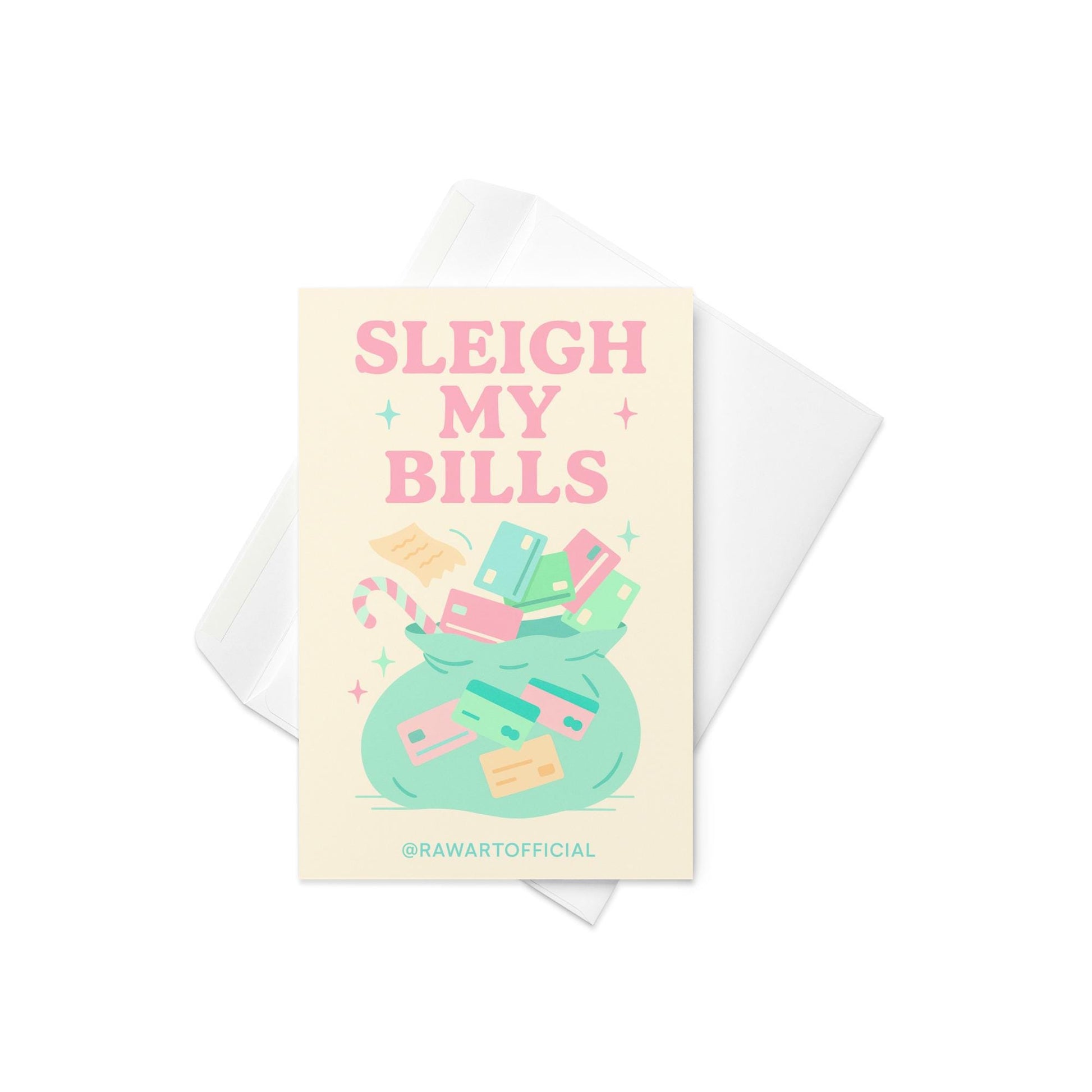 Retro pastel Christmas card with sack of credit cards and receipts under “Sleigh My Bills” phrase, funny hot mess holiday design.