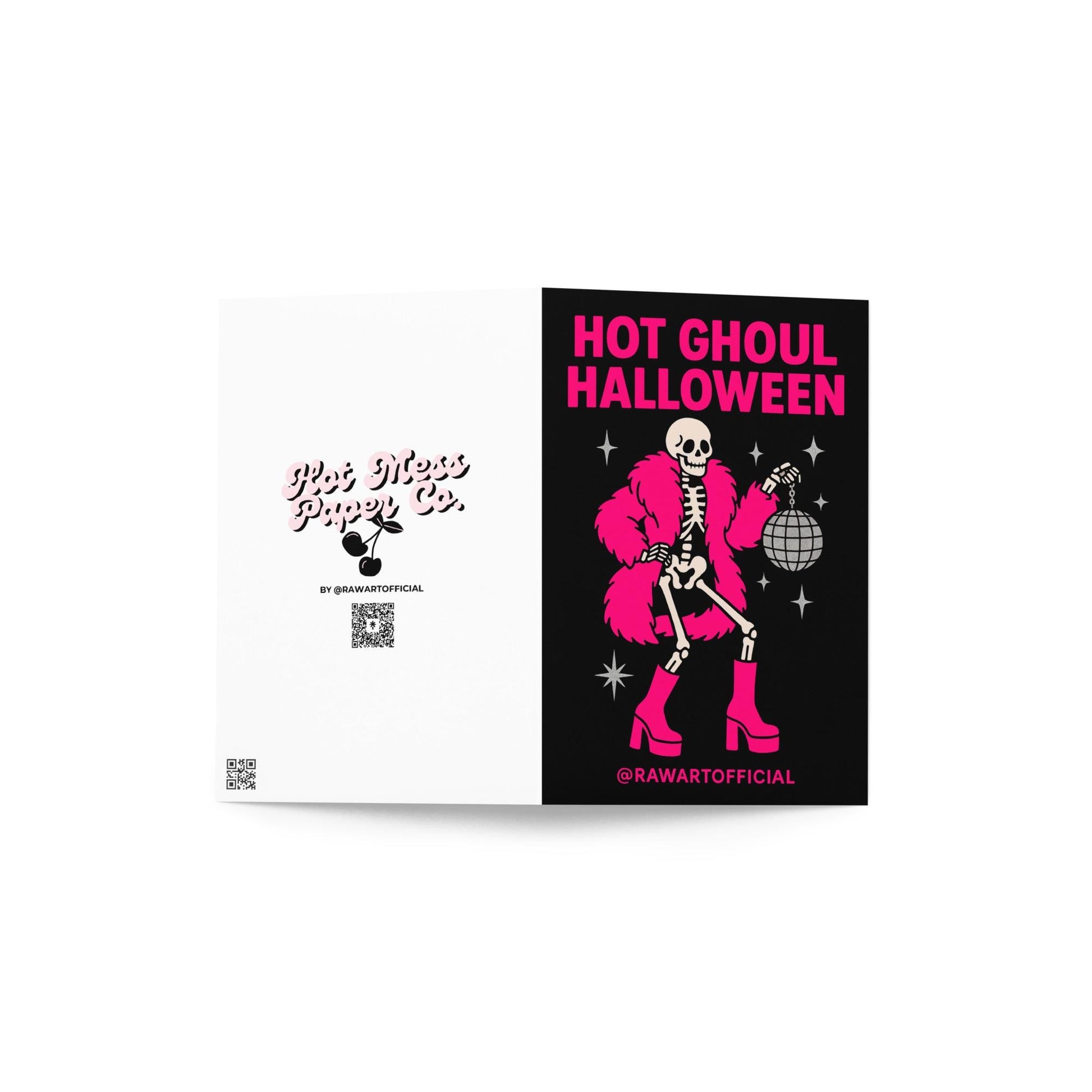 Skeleton in hot pink coat and boots holding disco ball with text “Hot Ghoul Halloween” on black background.