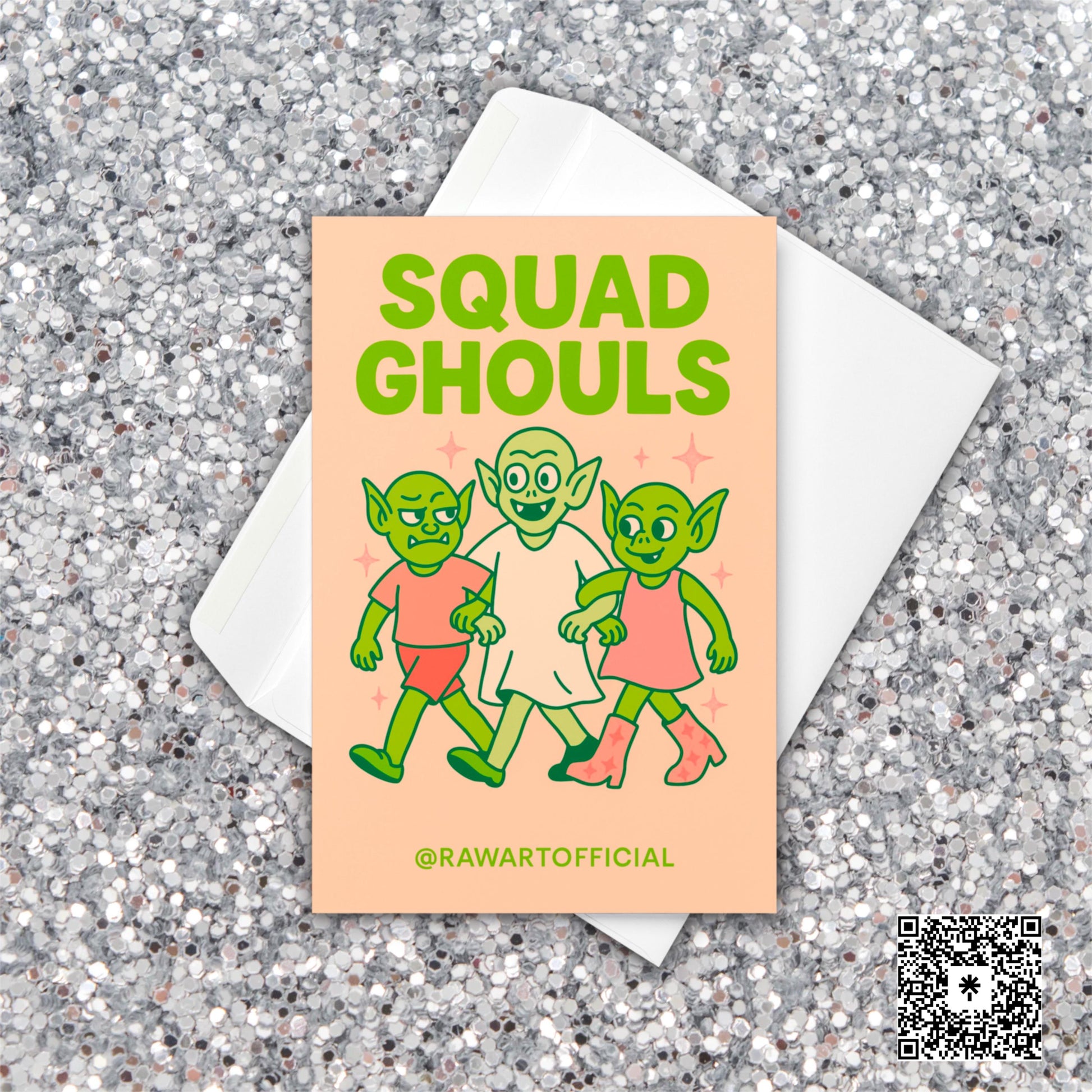 Retro pastel Halloween card featuring three green goblin girls linking arms with “Squad Ghouls” text in bold green letters.