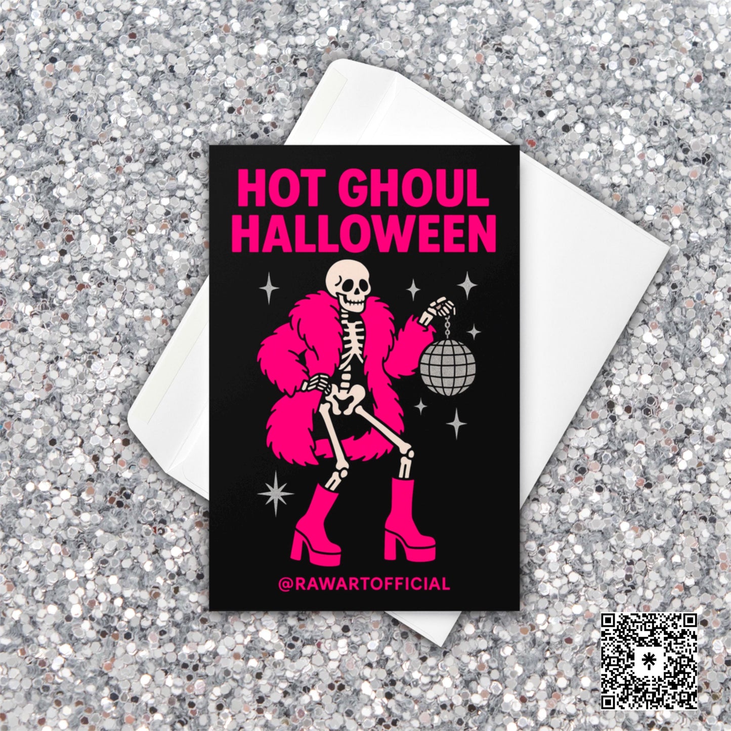 Skeleton in hot pink coat and boots holding disco ball with text “Hot Ghoul Halloween” on black background.