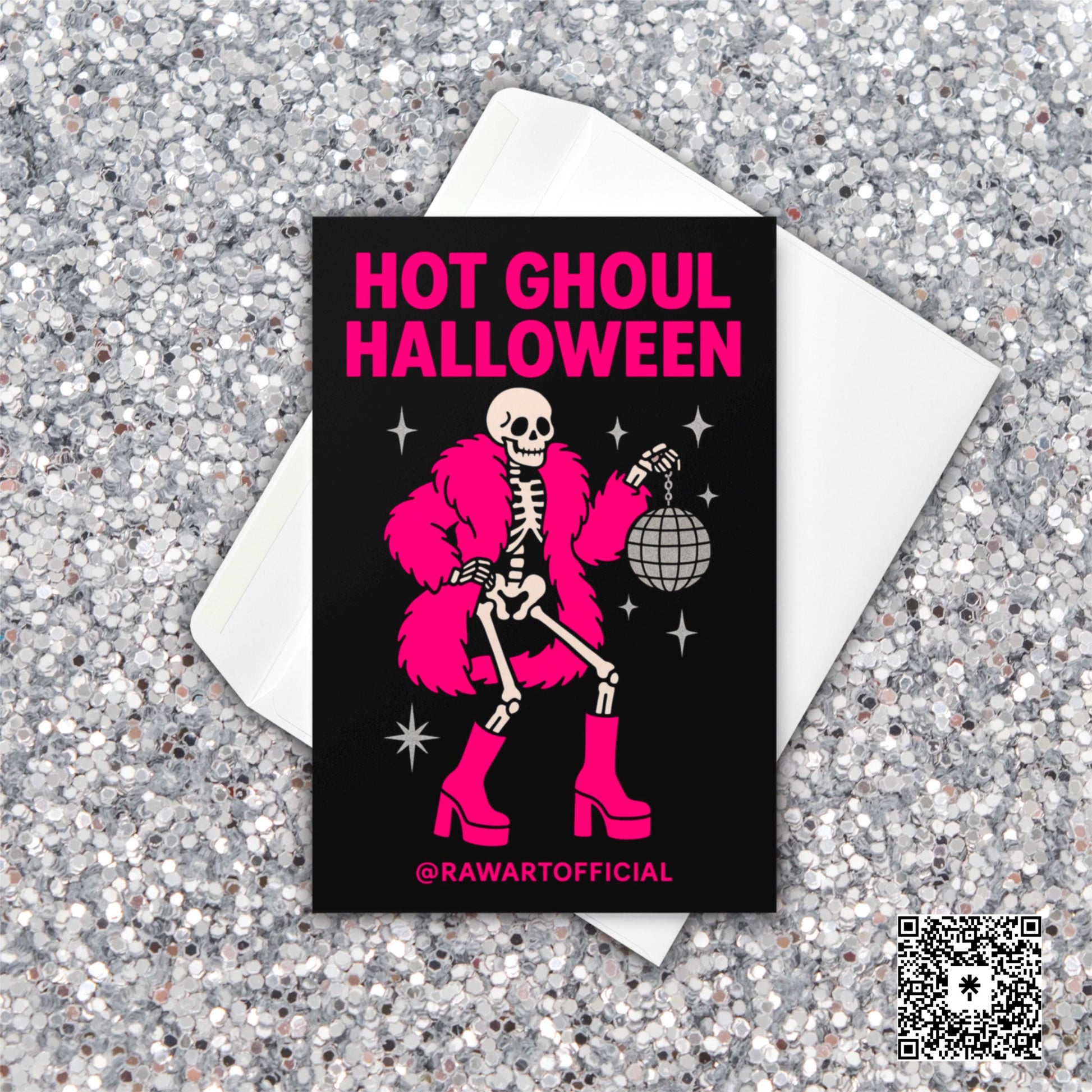 Skeleton in hot pink coat and boots holding disco ball with text “Hot Ghoul Halloween” on black background.