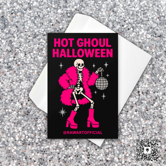 Skeleton in hot pink coat and boots holding disco ball with text “Hot Ghoul Halloween” on black background.