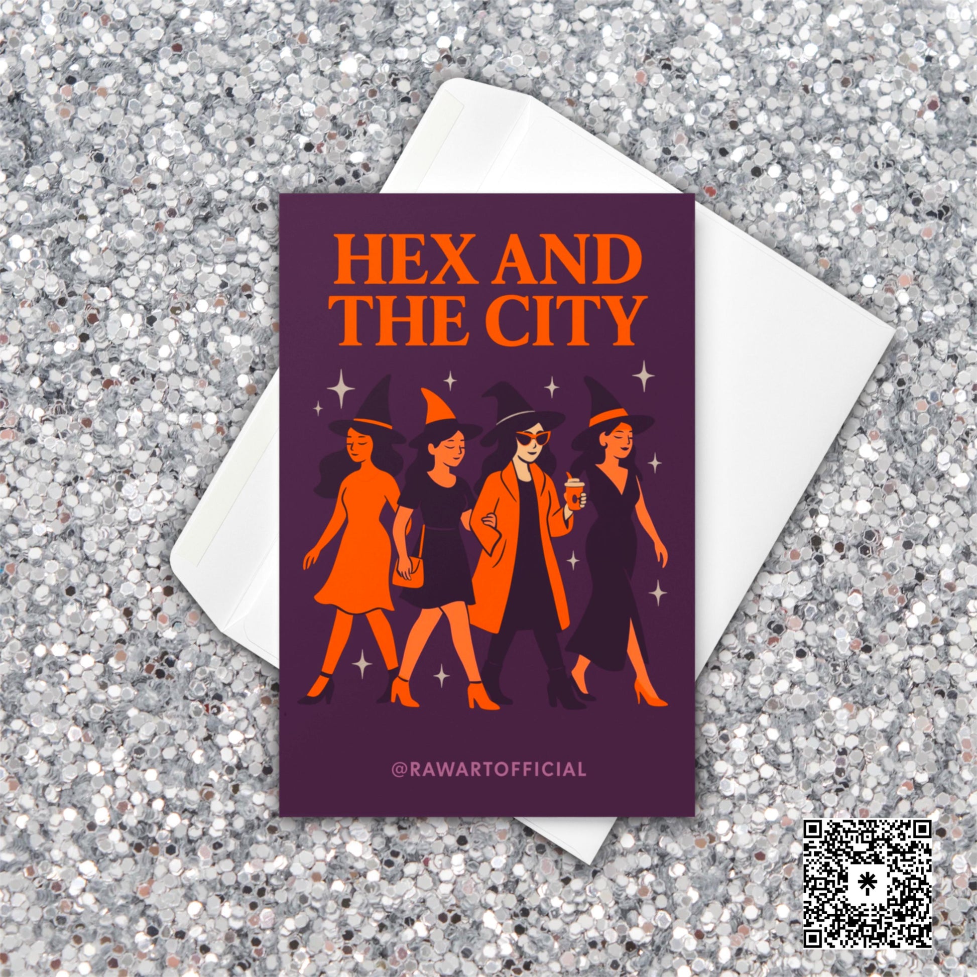 Retro witch-themed greeting card “Hex and the City” featuring four stylish witches in hats walking like a spooky girl gang.