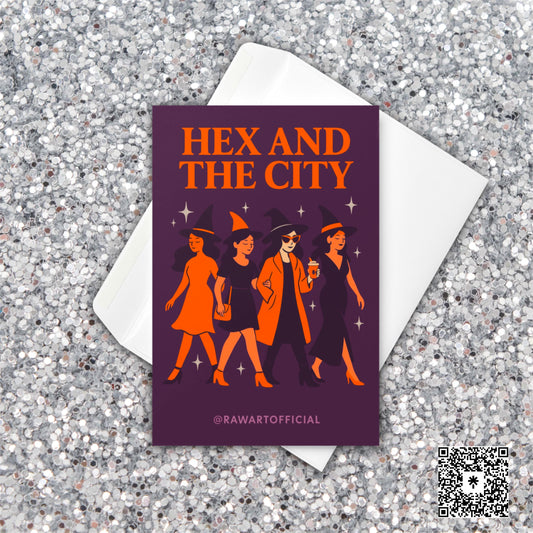 Retro witch-themed greeting card “Hex and the City” featuring four stylish witches in hats walking like a spooky girl gang.