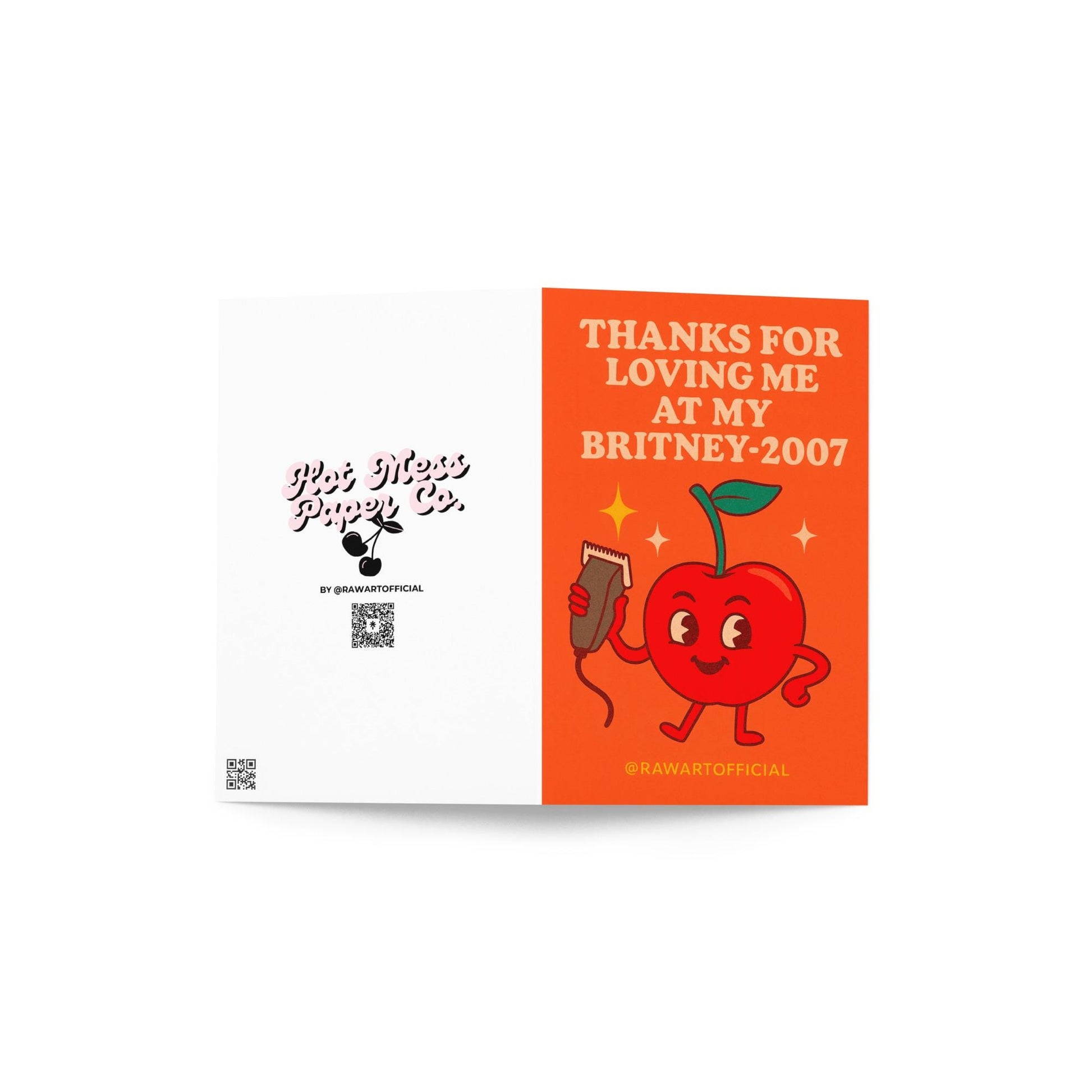 Retro cherry cartoon holding clippers with text “Thanks for Loving Me at My Britney-2007” funny greeting card.