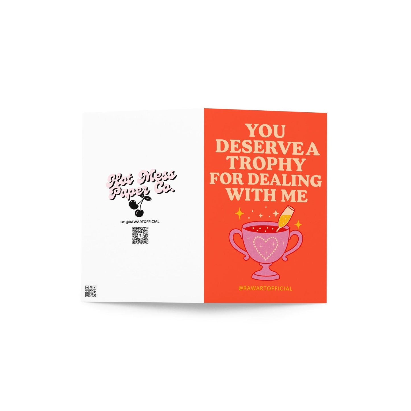 Funny trophy greeting card with champagne glass, sassy retro hot mess thank you design.