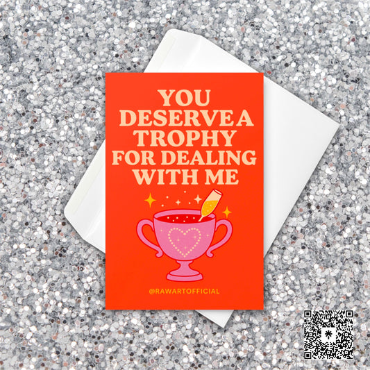 Funny trophy greeting card with champagne glass, sassy retro hot mess thank you design.