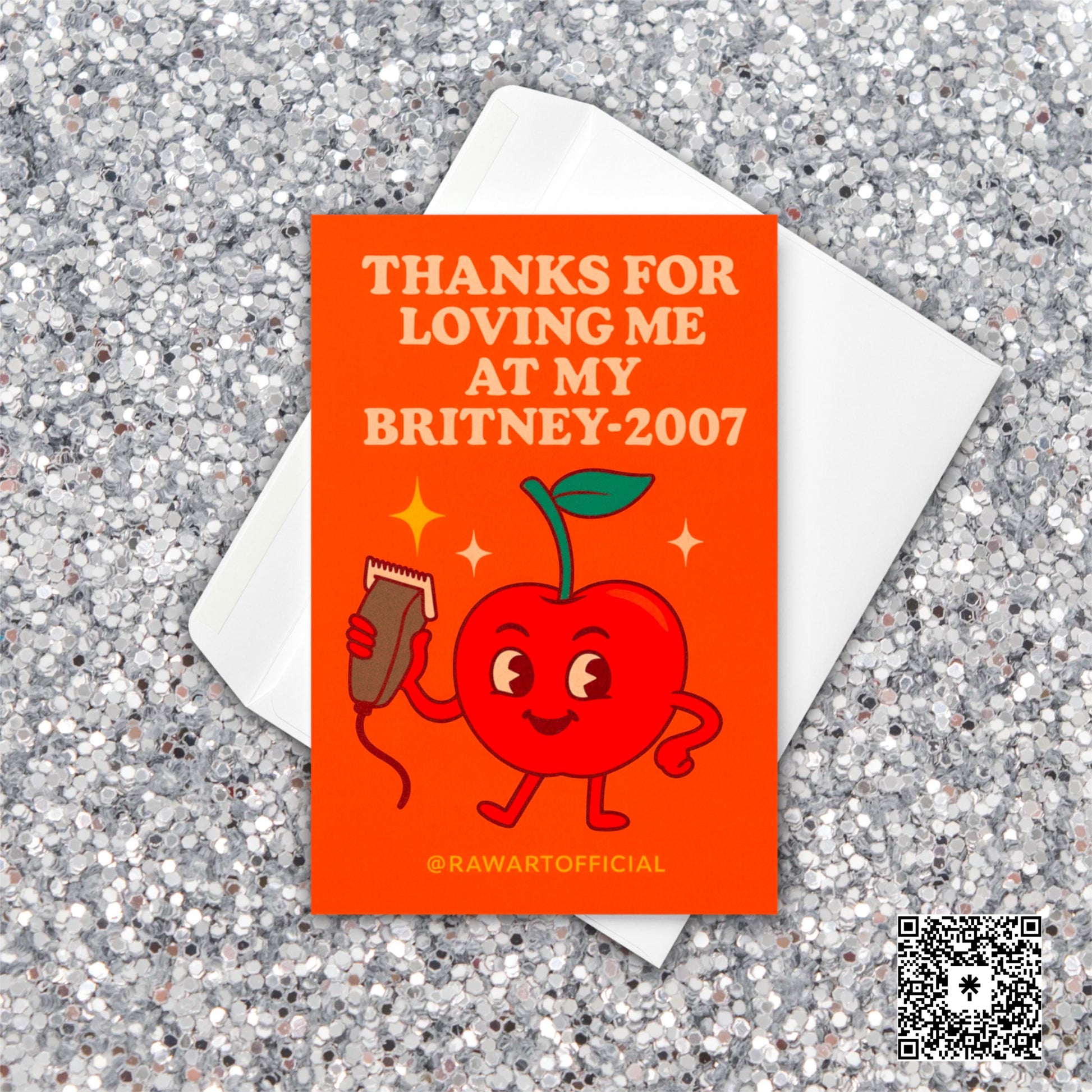 Retro cherry cartoon holding clippers with text “Thanks for Loving Me at My Britney-2007” funny greeting card.