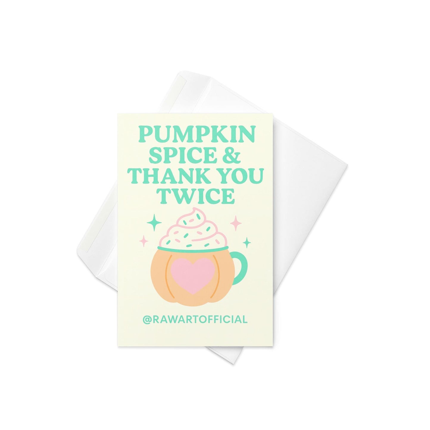Retro pastel thank you card with pumpkin spice latte mug and whipped cream, text says “Pumpkin Spice & Thank You Twice.”