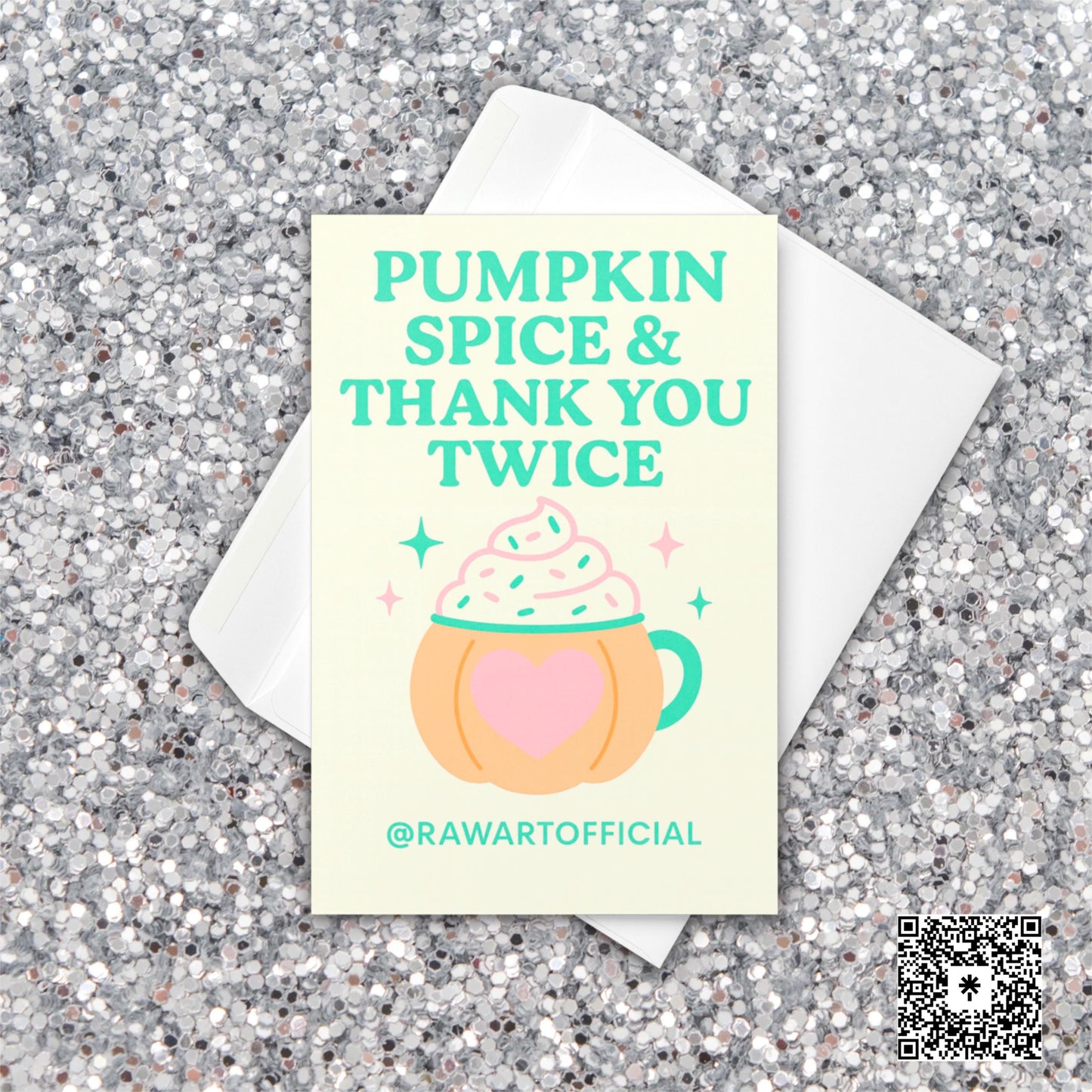 Retro pastel thank you card with pumpkin spice latte mug and whipped cream, text says “Pumpkin Spice & Thank You Twice.”