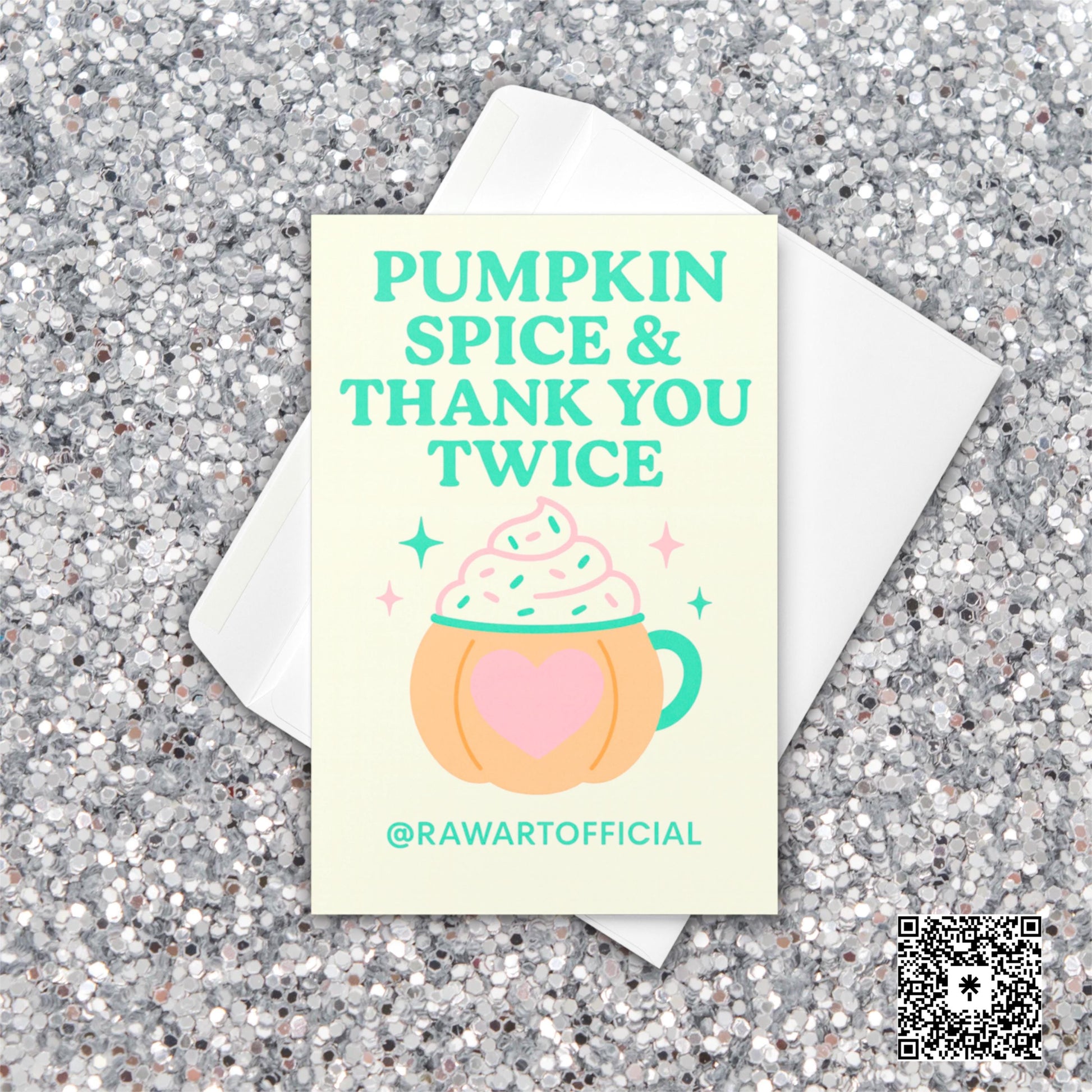 Retro pastel thank you card with pumpkin spice latte mug and whipped cream, text says “Pumpkin Spice & Thank You Twice.”