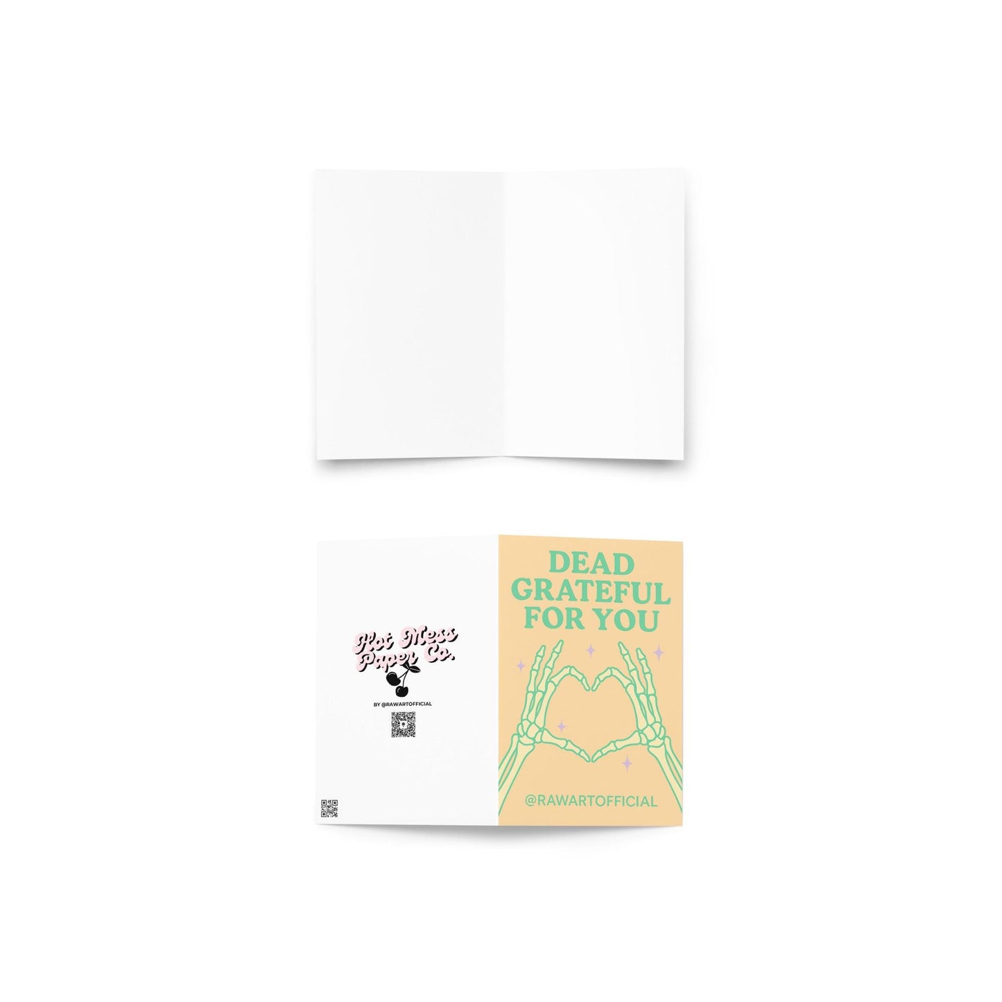 Greeting card with skeleton hands forming a heart and the text “Dead Grateful For You” in pastel green on a peach background.