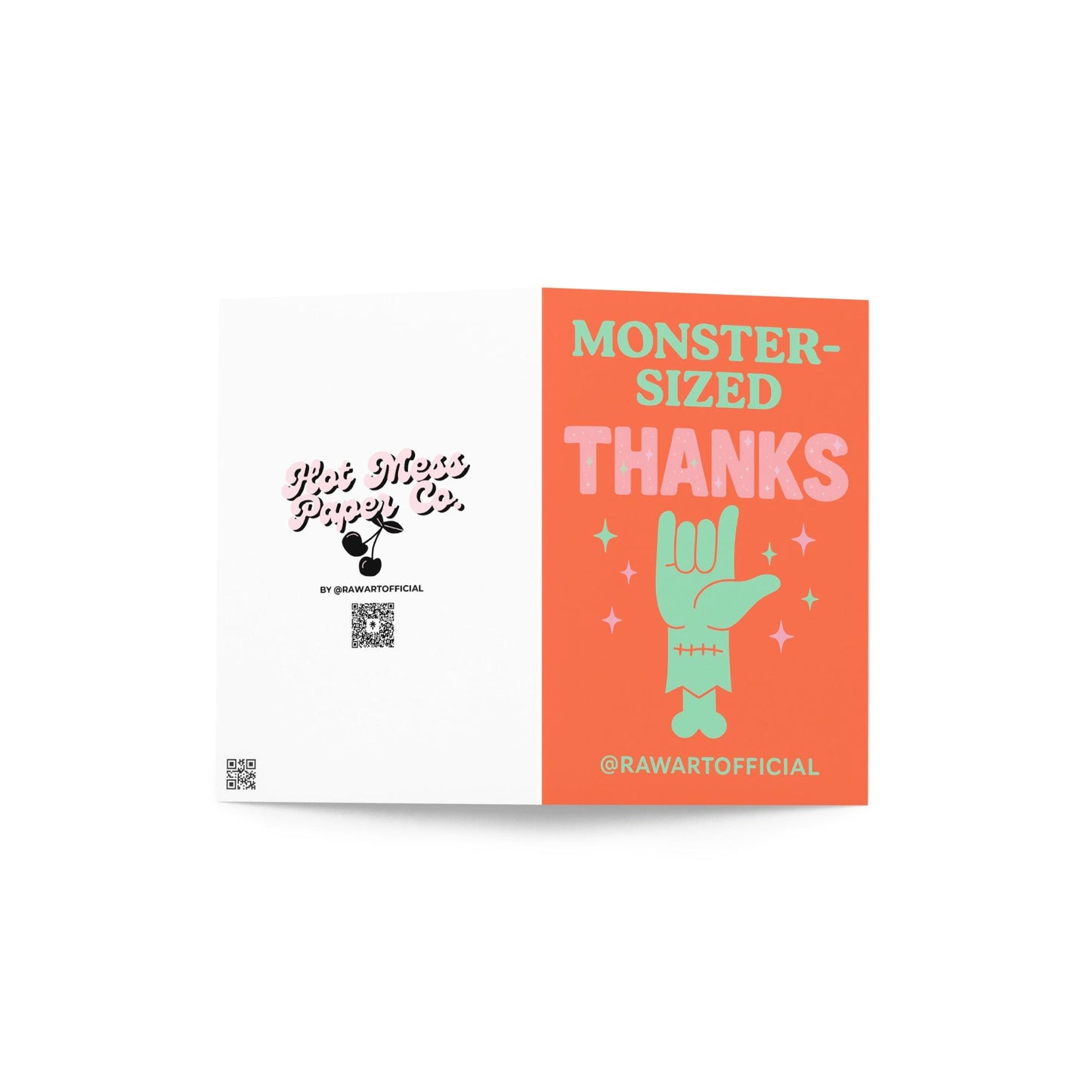 Halloween thank you card with green monster hand and pastel sparkles, reading “Monster-Sized Thanks,” retro Hot Mess Paper Co design by @rawartofficial.