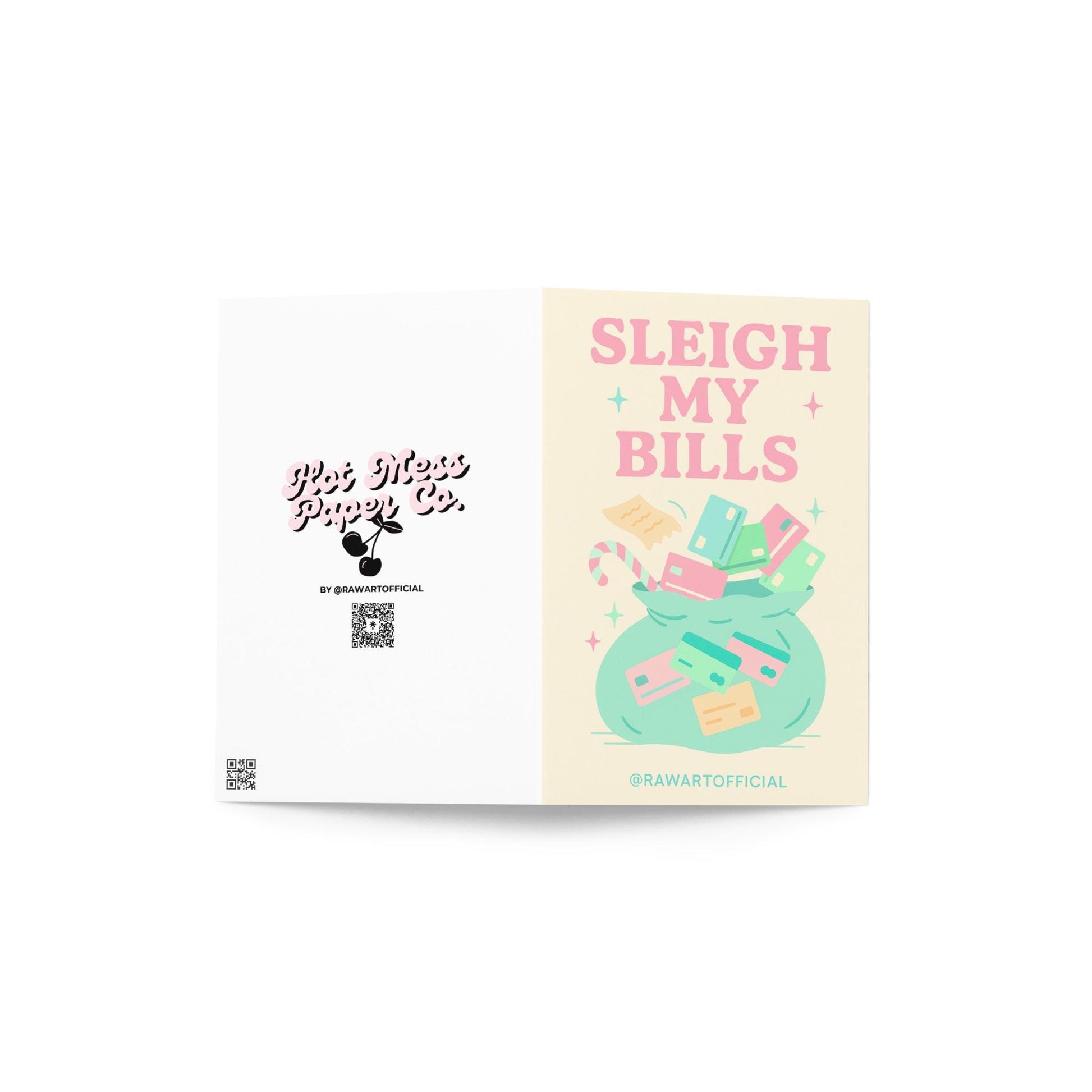 Retro pastel Christmas card with sack of credit cards and receipts under “Sleigh My Bills” phrase, funny hot mess holiday design.