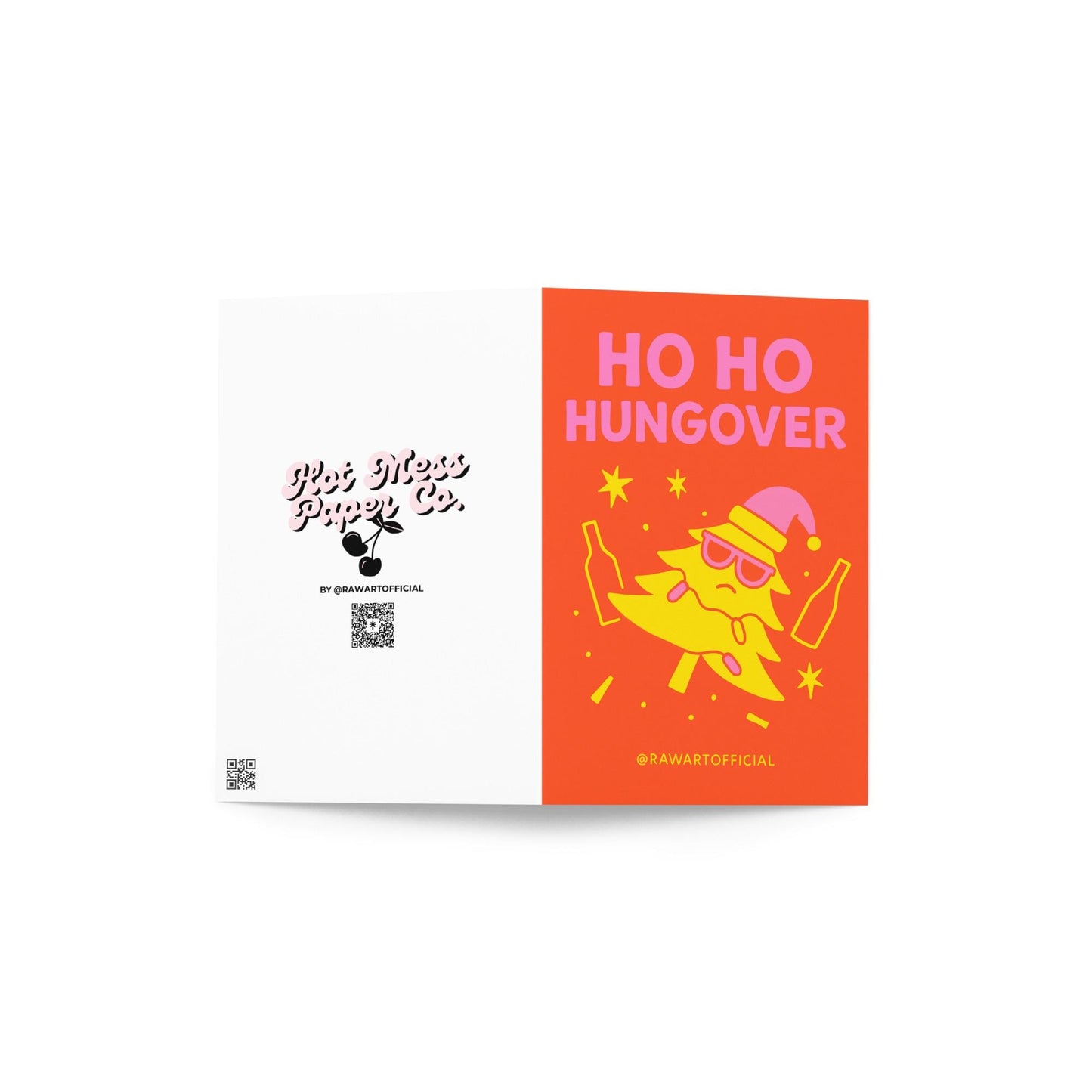 Retro funny Christmas card with cartoon hungover tree in sunglasses, bottles, and bold text “Ho Ho Hungover” in pink letters.