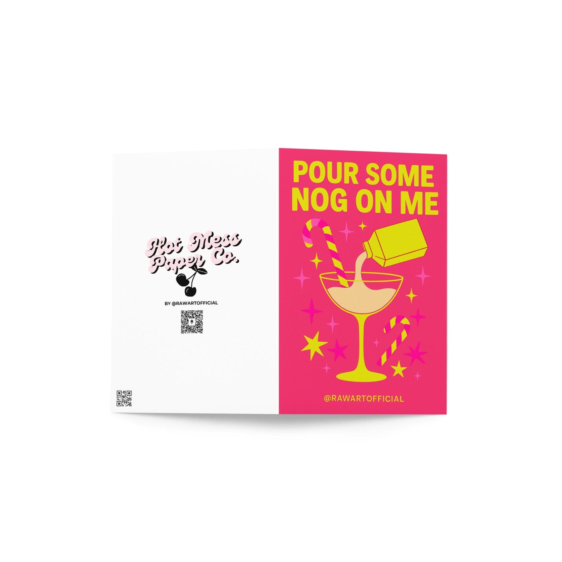 Retro hot pink Christmas card with eggnog cocktail and candy canes, text “Pour Some Nog on Me.”