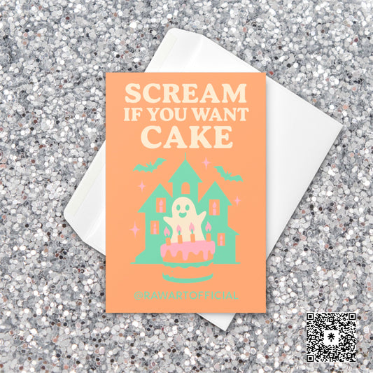Pastel haunted house with ghost and birthday cake illustration, text reads “Scream If You Want Cake.”