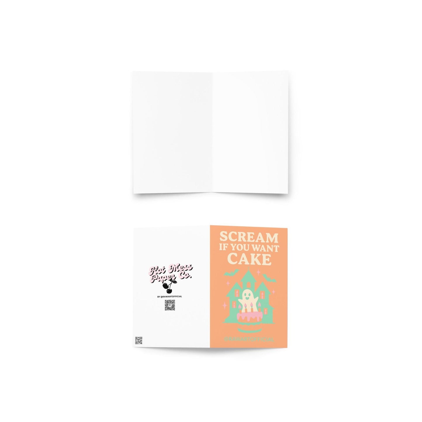 Pastel haunted house with ghost and birthday cake illustration, text reads “Scream If You Want Cake.”