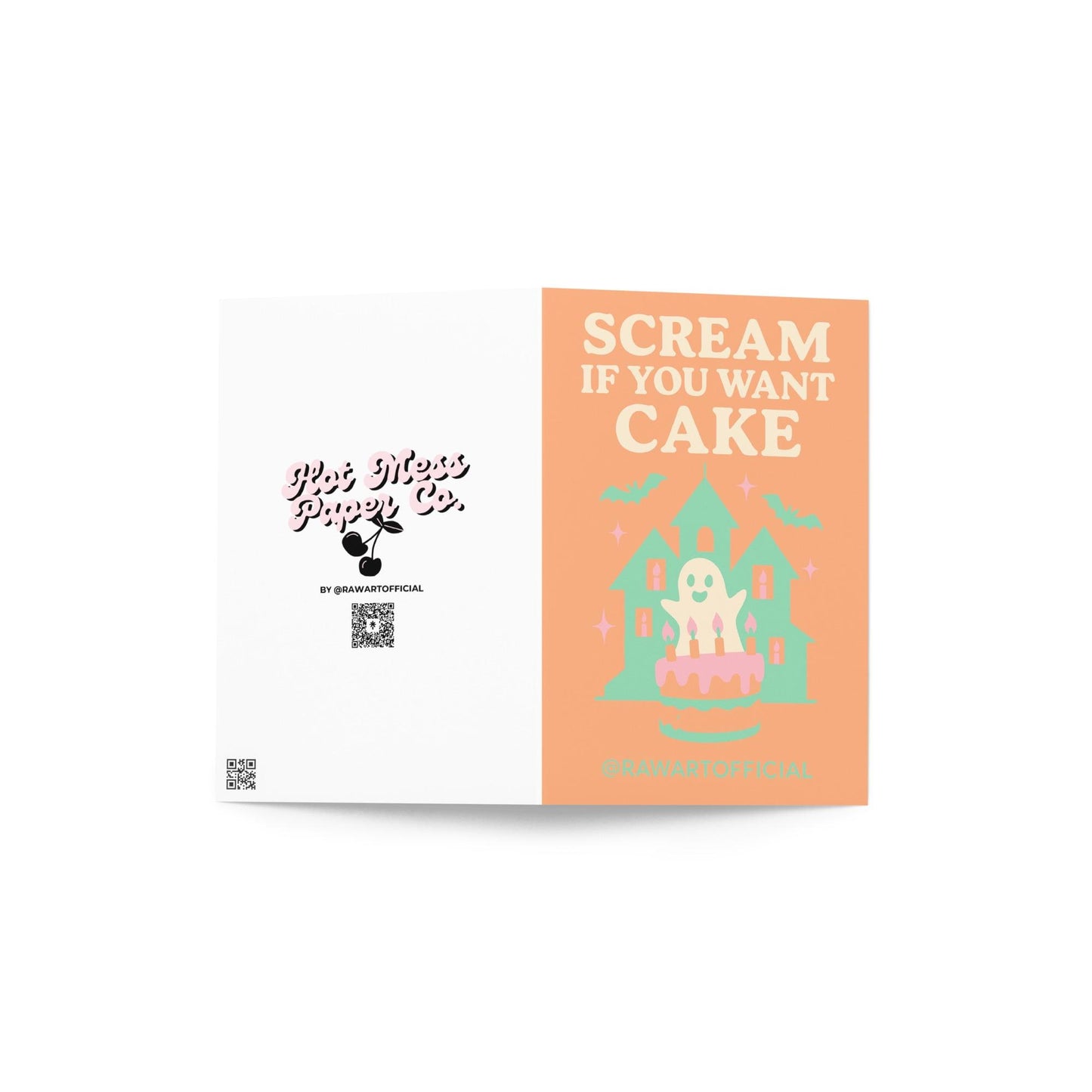 Pastel haunted house with ghost and birthday cake illustration, text reads “Scream If You Want Cake.”