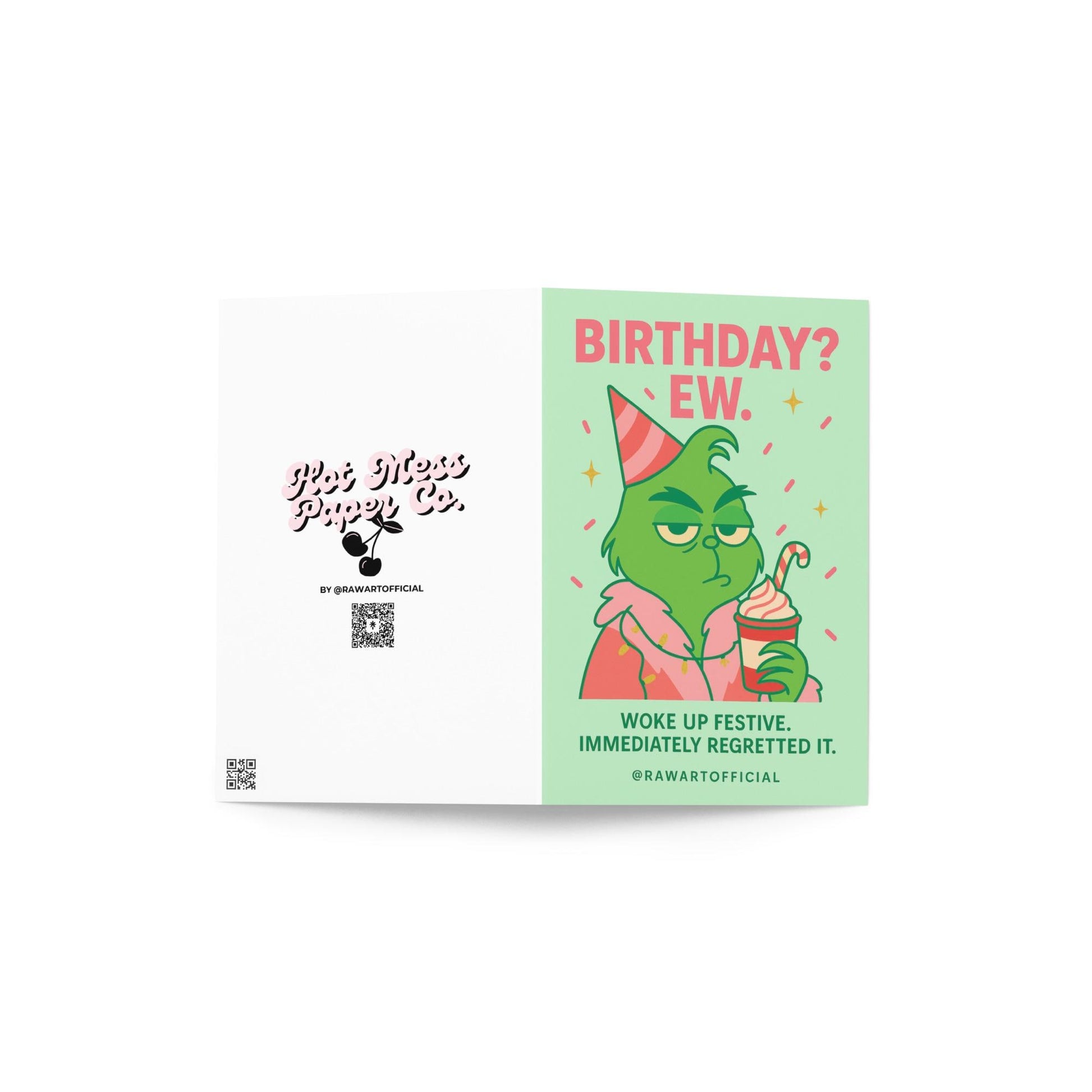 Pastel mint and pink Christmas birthday card featuring a green character in a party hat holding a candy cane latte with the text “Birthday? Ew. Woke up festive. Immediately regretted it.”