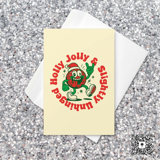 Cream-colored Christmas card featuring a plaid ornament character in a Santa hat with text reading “Holly Jolly & Slightly Unhinged.”