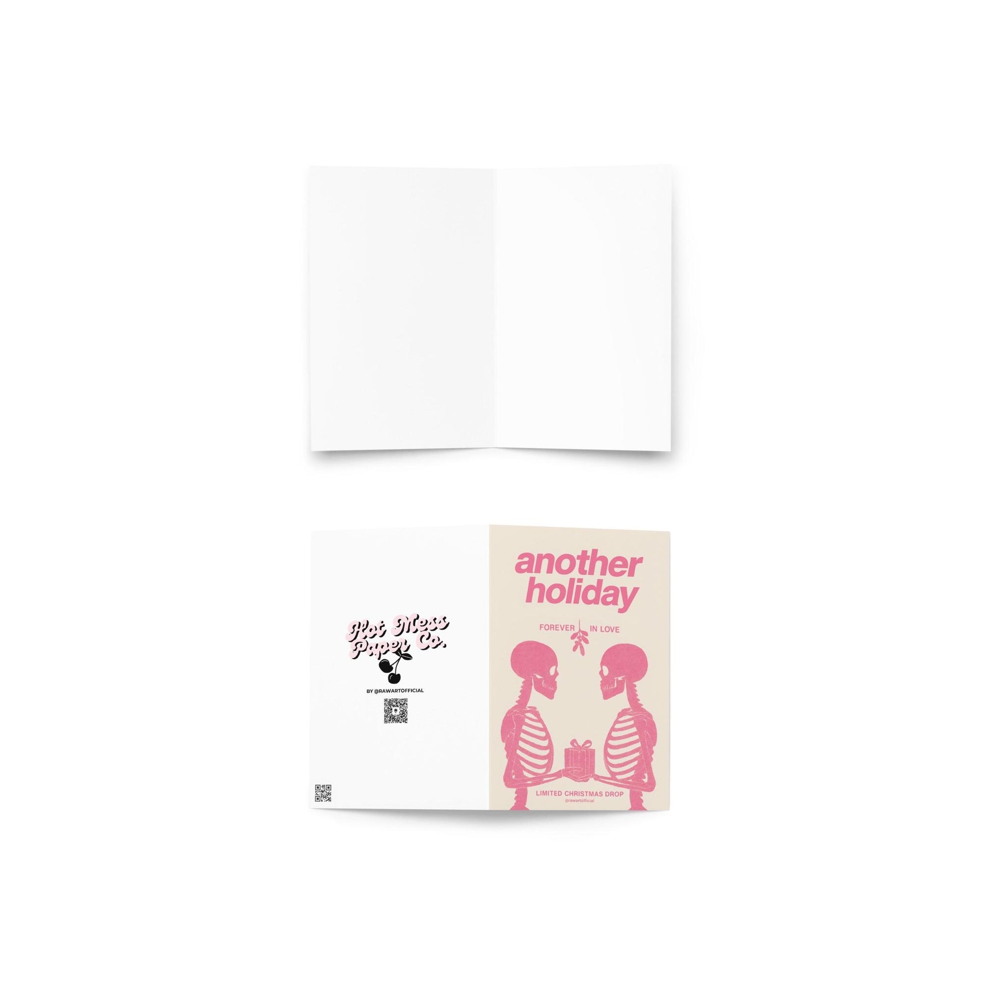 Minimalist pink Christmas card featuring two skeletons facing each other under mistletoe, holding a gift, with text reading “Another Holiday — Forever in Love.”