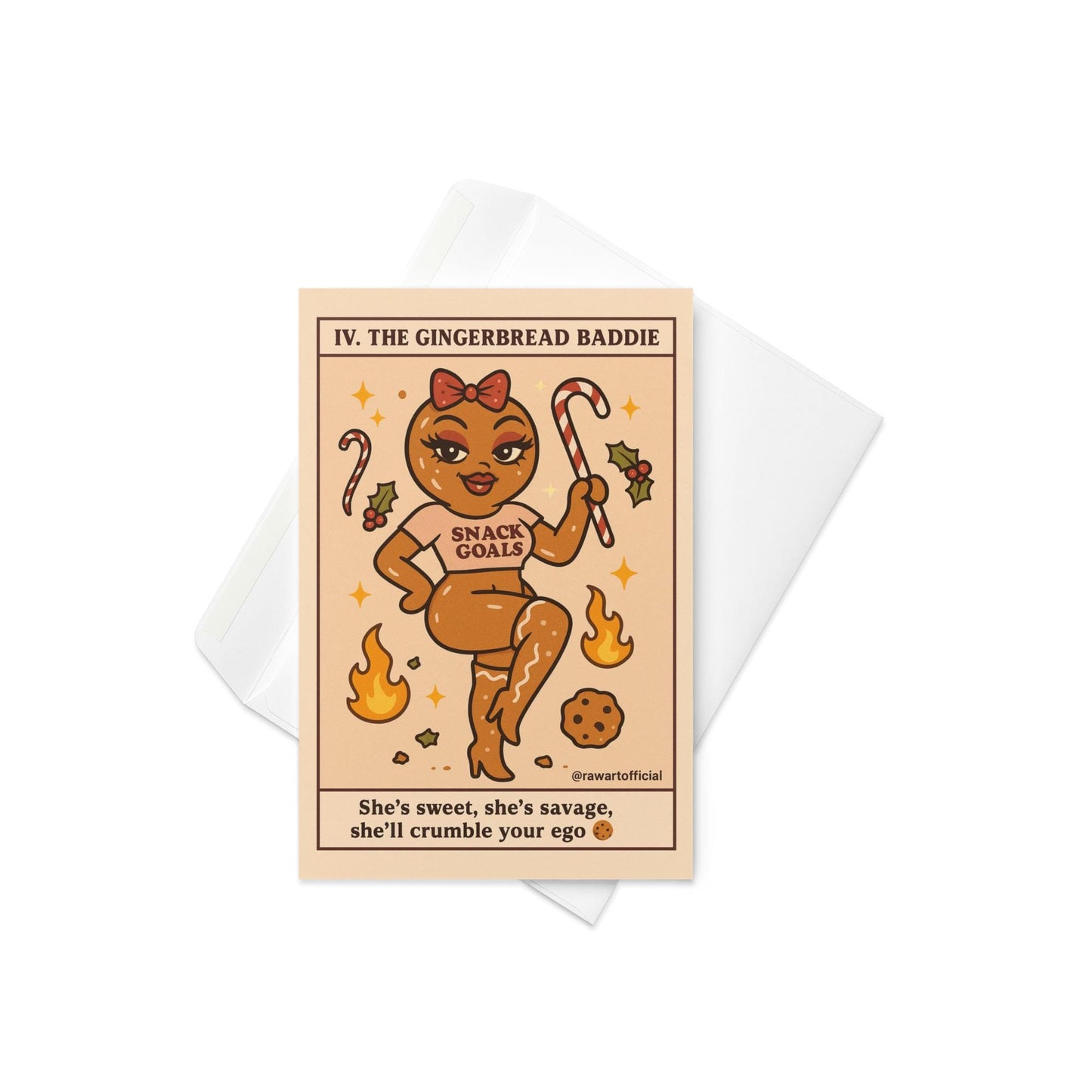 Retro tarot-style Christmas card featuring a sassy gingerbread woman in a crop top holding a candy cane with text reading “The Gingerbread Baddie — She’s sweet, she’s savage, she’ll crumble your ego.”