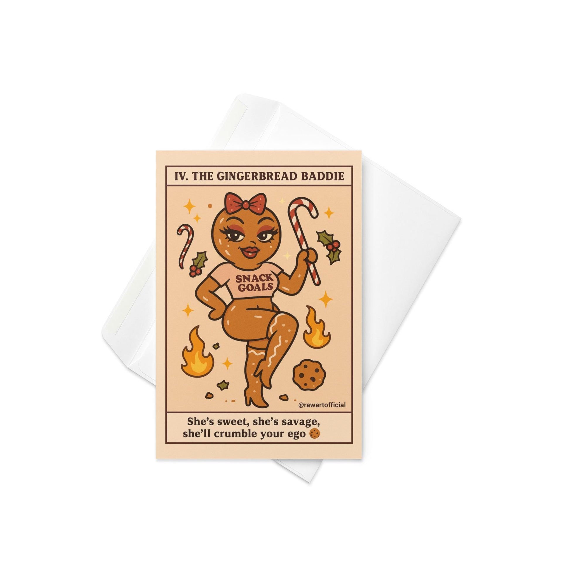 Retro tarot-style Christmas card featuring a sassy gingerbread woman in a crop top holding a candy cane with text reading “The Gingerbread Baddie — She’s sweet, she’s savage, she’ll crumble your ego.”