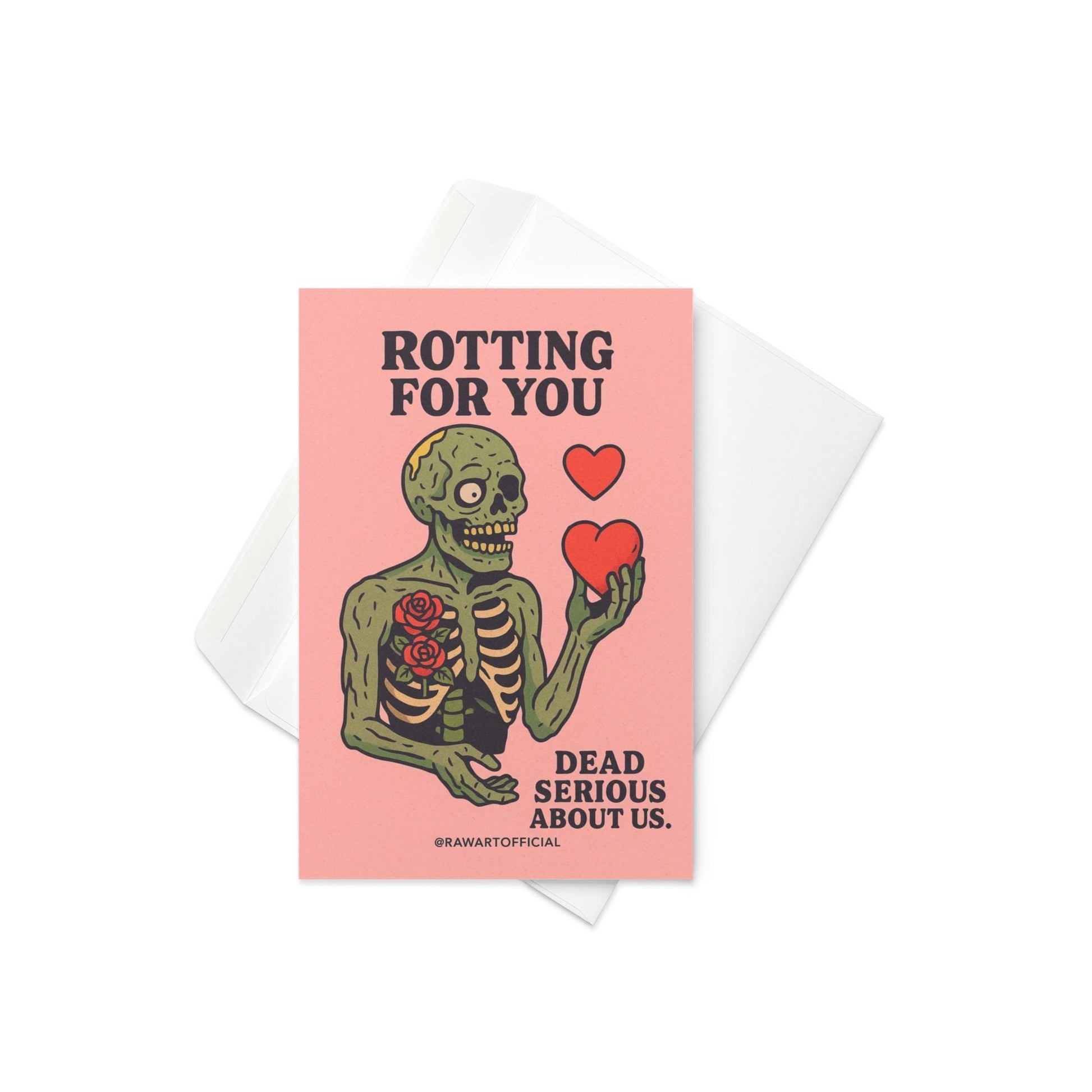Cartoon zombie with roses in its ribcage holding red hearts, text reads “Rotting For You – Dead Serious About Us.”