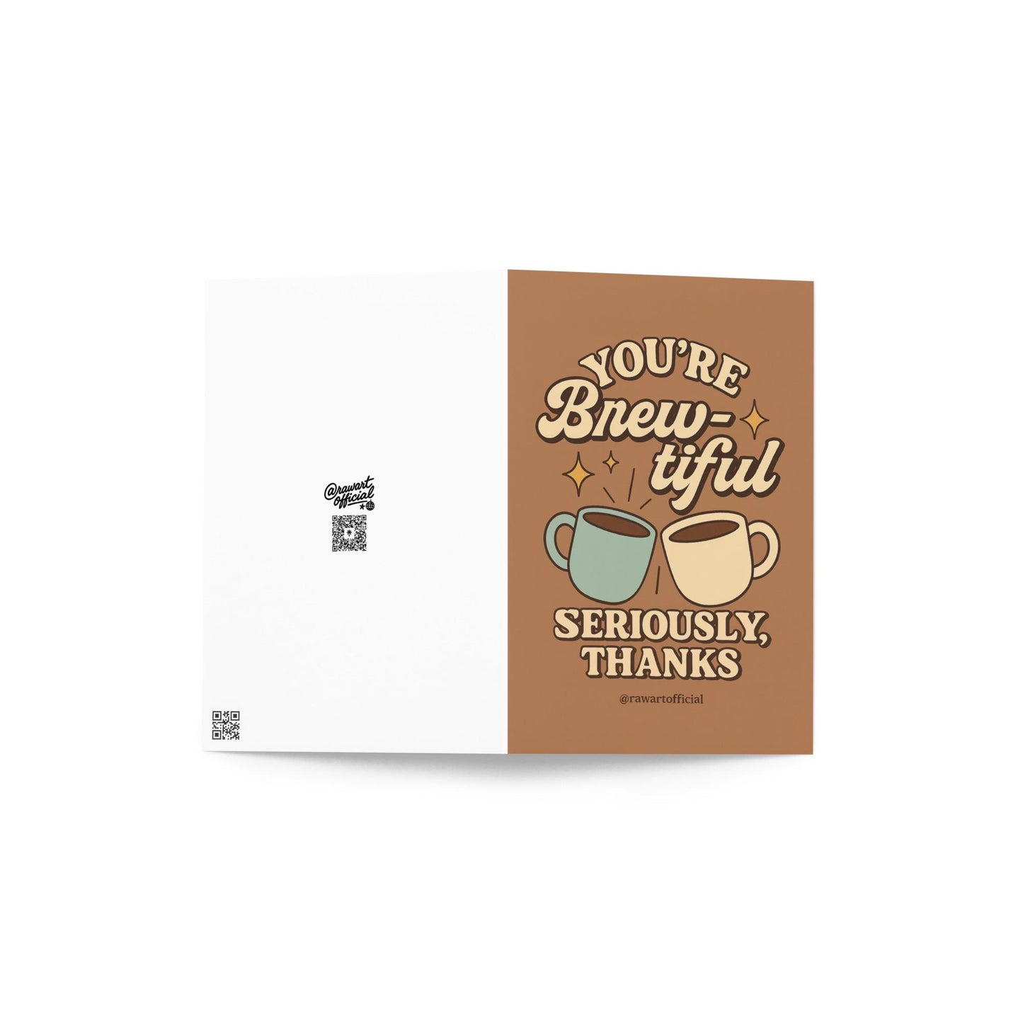 Retro thank-you card featuring two pastel mugs clinking with sparkles on a brown background, text reading “You’re Brew-tiful — Seriously, Thanks.”