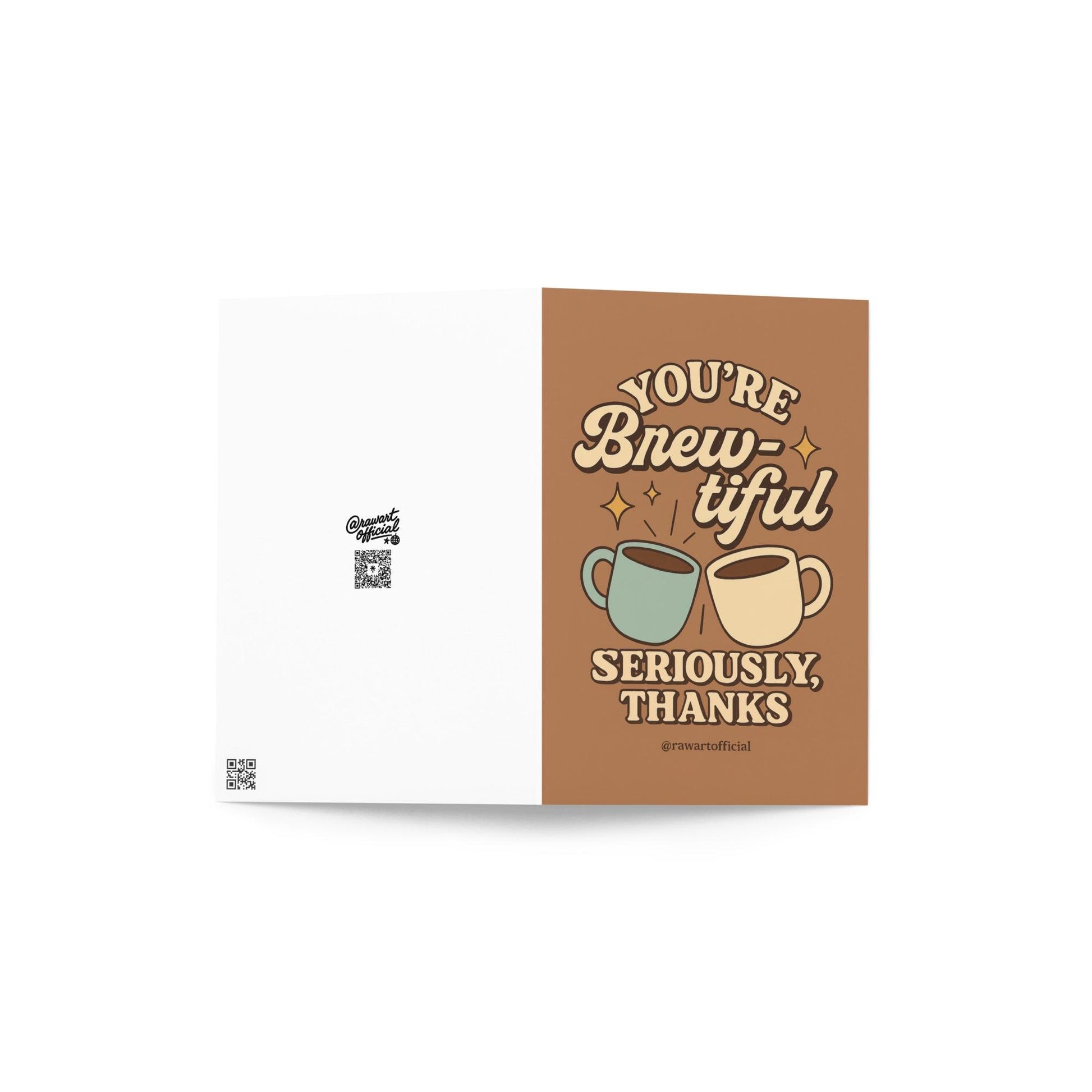 Retro thank-you card featuring two pastel mugs clinking with sparkles on a brown background, text reading “You’re Brew-tiful — Seriously, Thanks.”