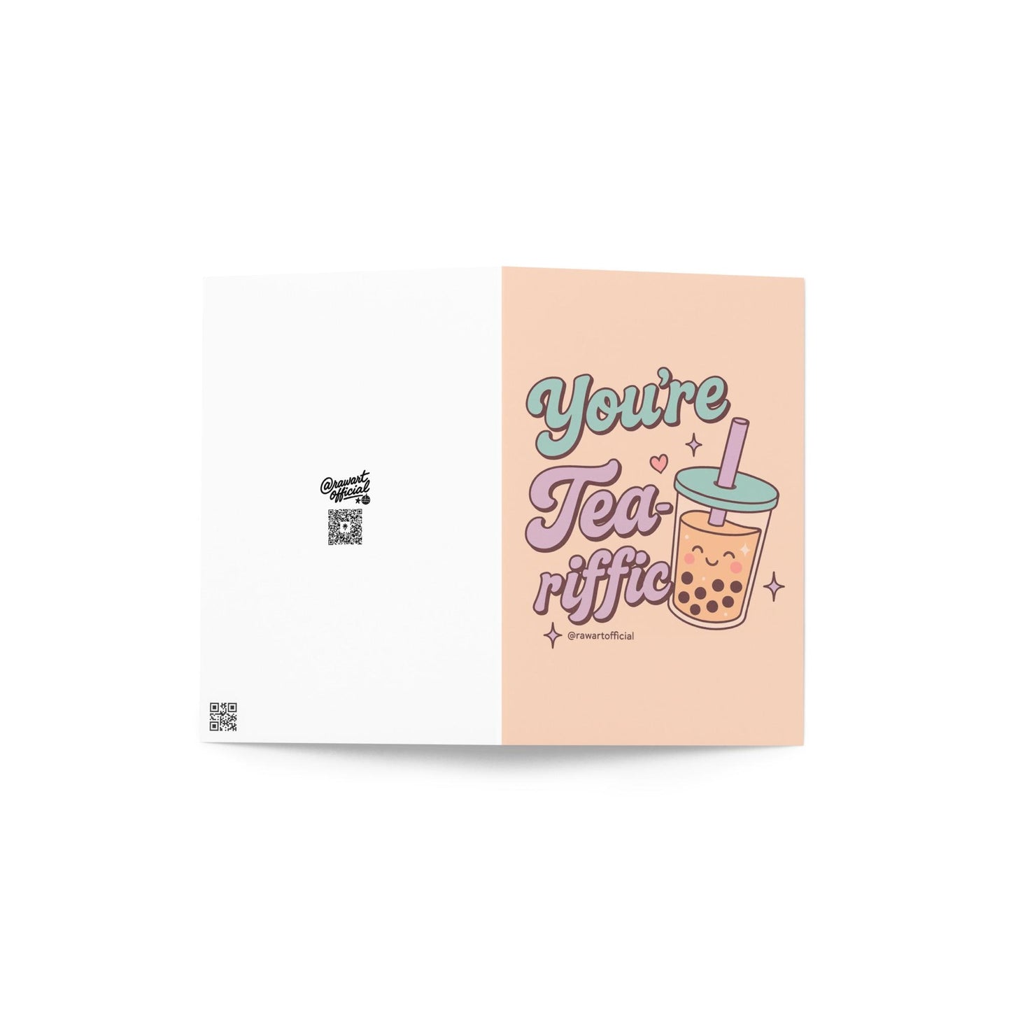 Cute pastel boba cup with smiling face and text “You’re Tea-riffic” in teal and lavender lettering, designed by @rawartofficial.