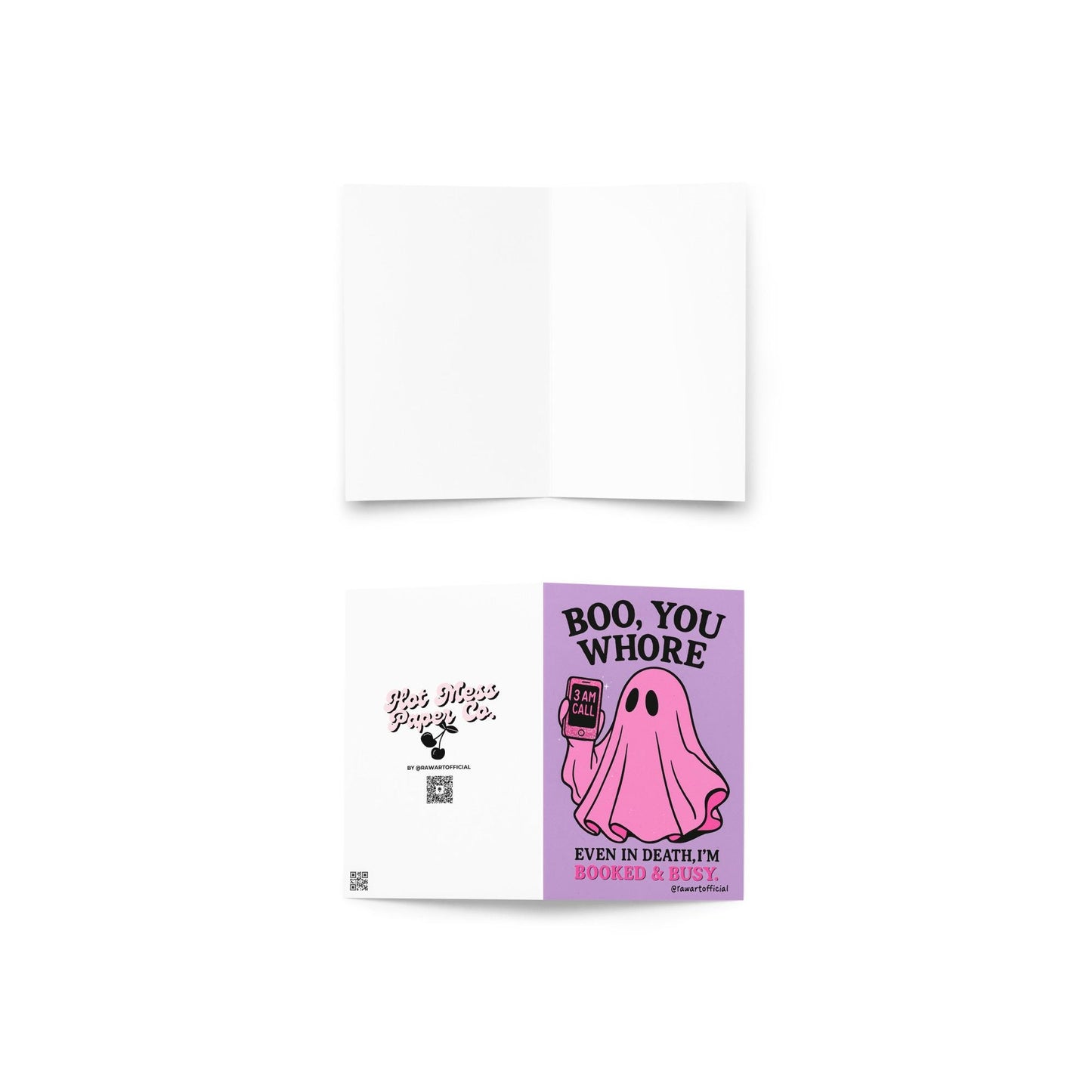 Pink ghost Halloween card saying “Boo You Whore” with a spooky cute vibe, holding a glittery 3AM call phone.