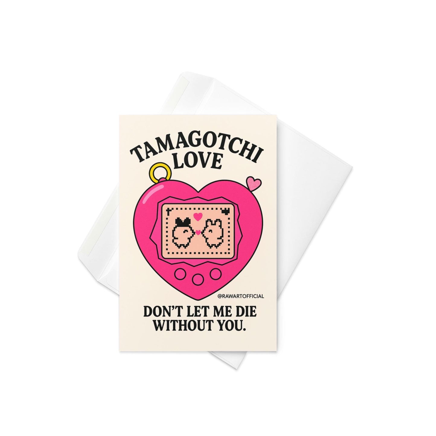 Pink heart-shaped Tamagotchi with two pixel pets kissing on screen, retro Y2K Valentine’s greeting card with bold text &quot;Tamagotchi Love.&quot;