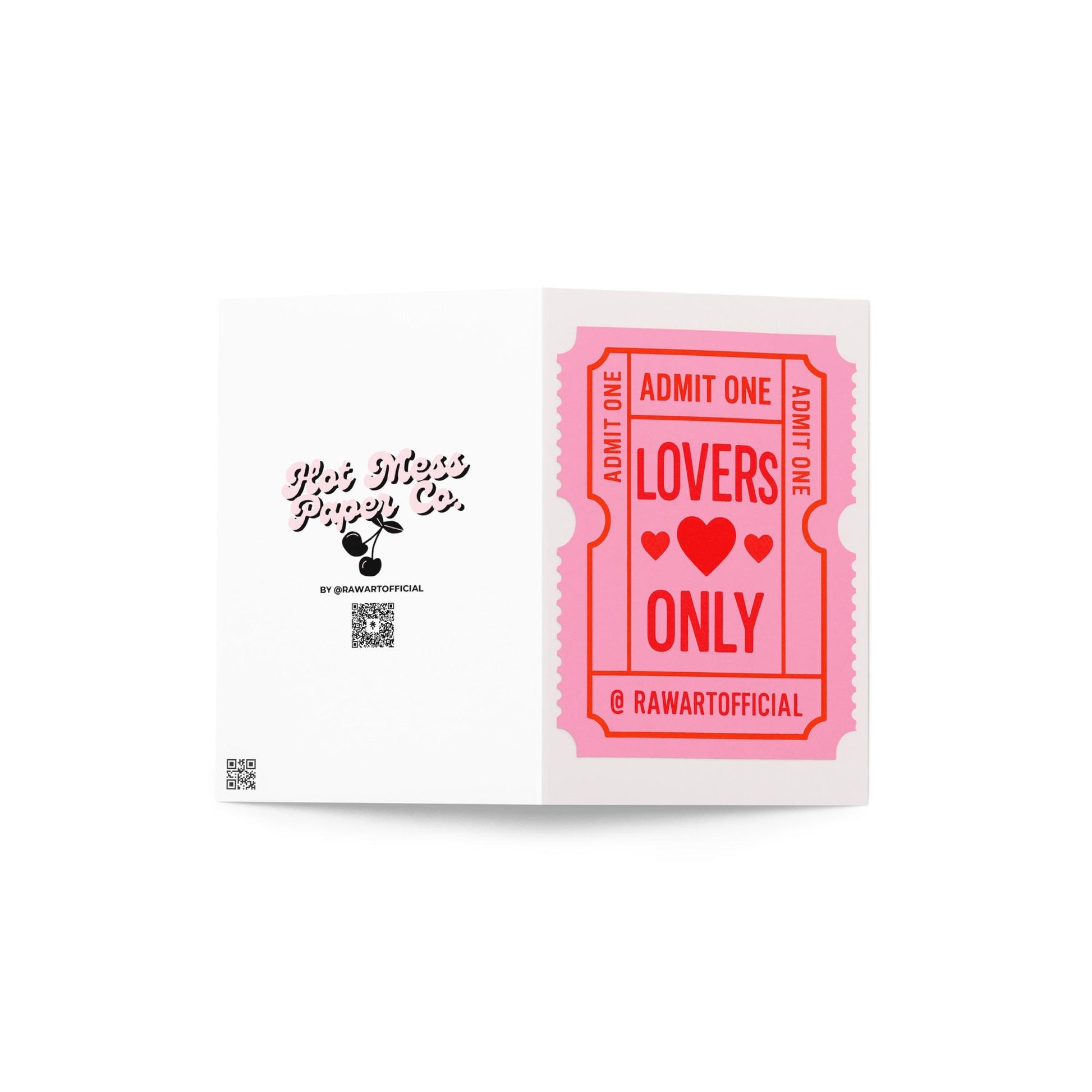 Pink and red retro admit one ticket greeting card with “Lovers Only” text and hearts, playful Y2K Valentine’s design.