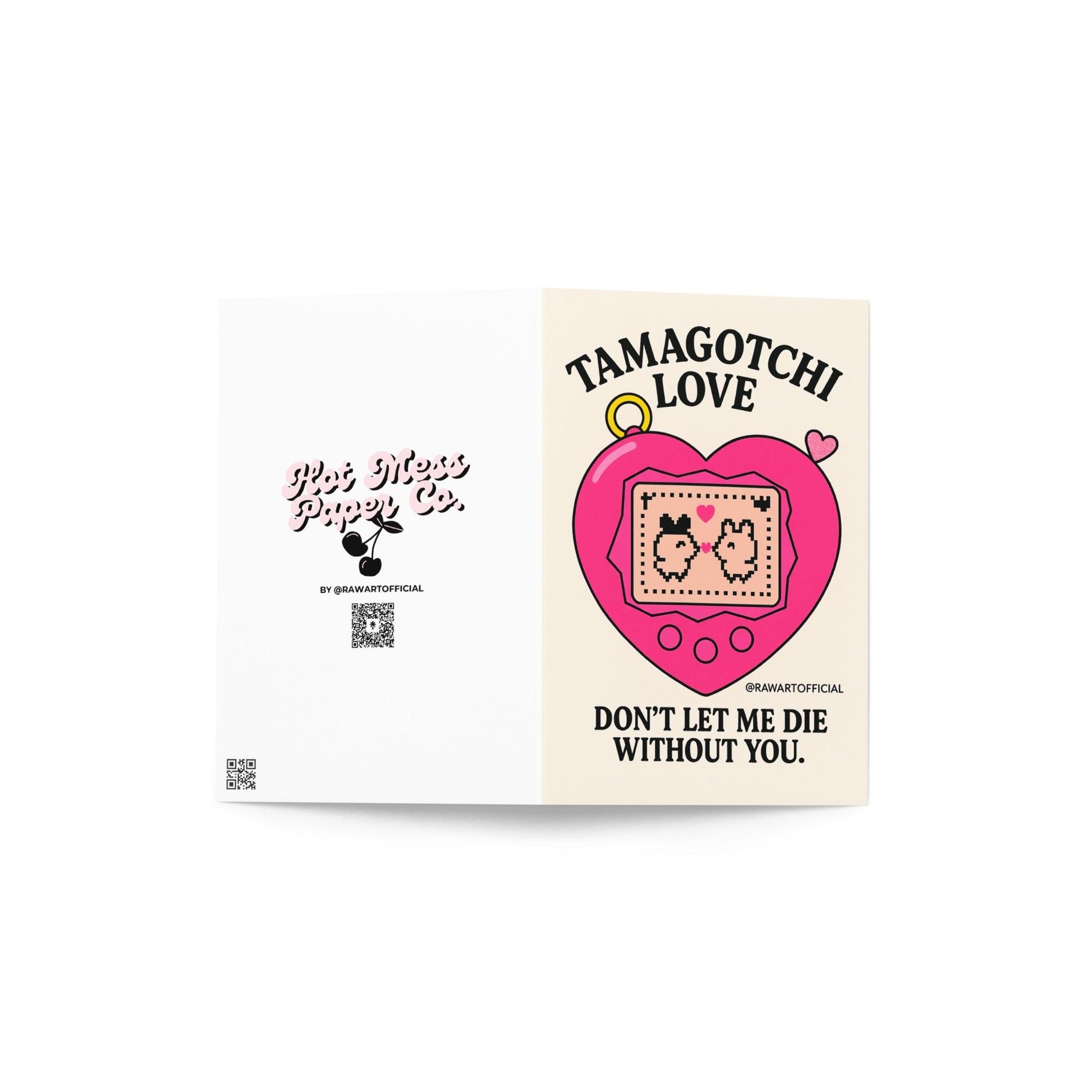 Pink heart-shaped Tamagotchi with two pixel pets kissing on screen, retro Y2K Valentine’s greeting card with bold text &quot;Tamagotchi Love.&quot;