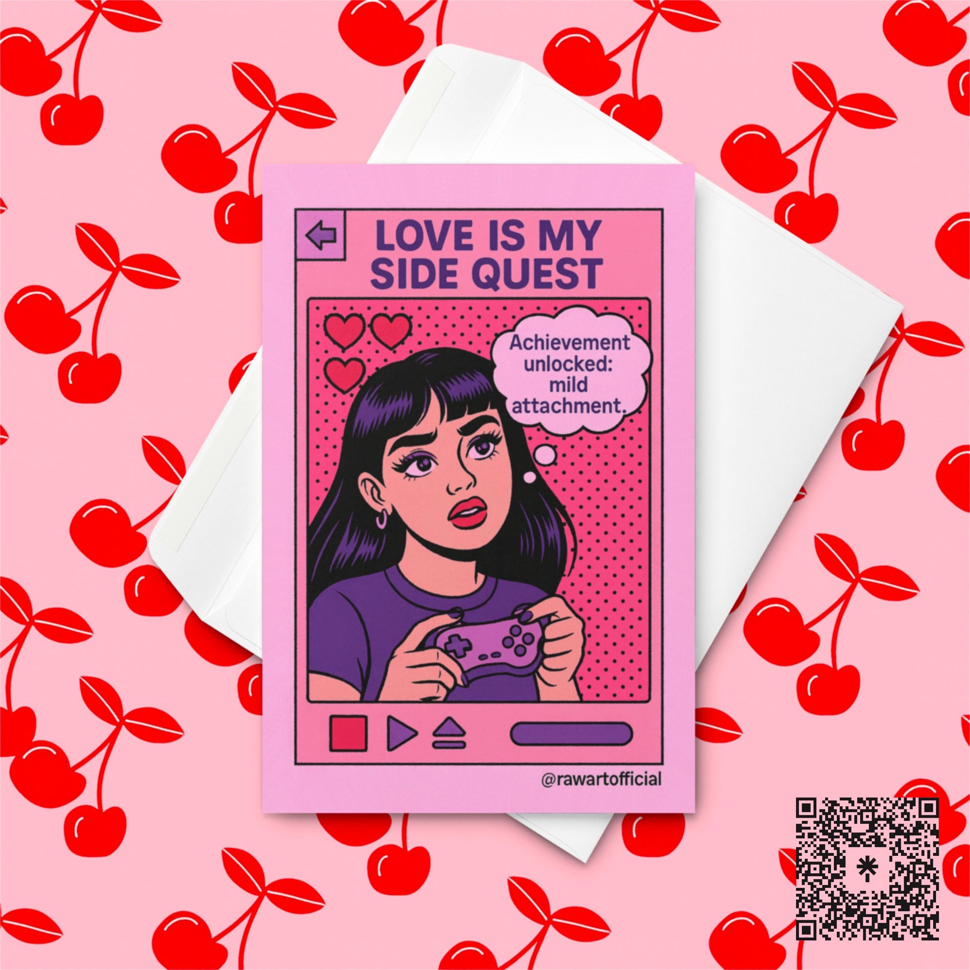 Cartoon girl holding a game controller with hearts and a pink interface, saying “Achievement unlocked: mild attachment,” with text “Love Is My Side Quest” above.