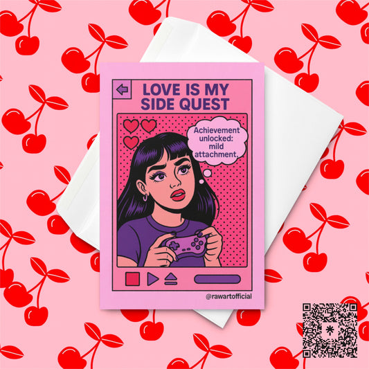 Cartoon girl holding a game controller with hearts and a pink interface, saying “Achievement unlocked: mild attachment,” with text “Love Is My Side Quest” above.
