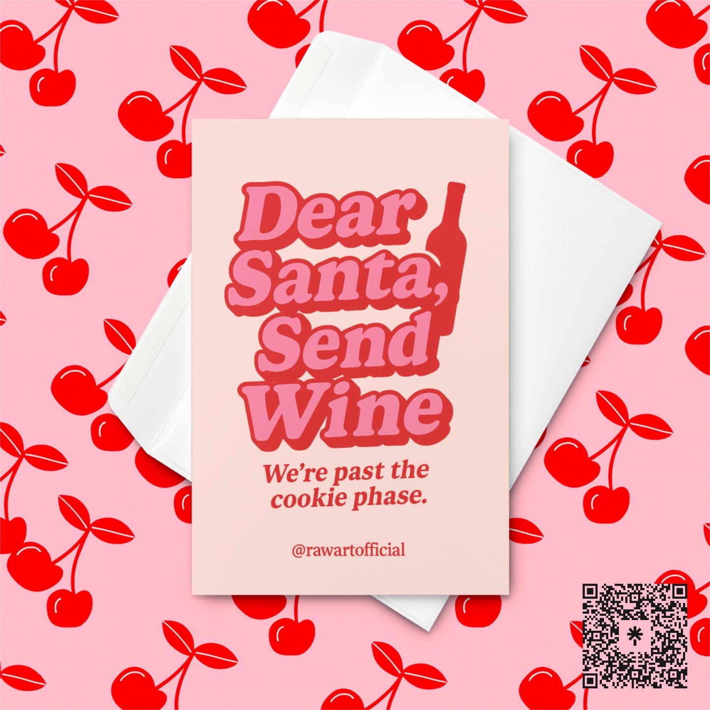 Retro pink and red text reads “Dear Santa, Send Wine” with a wine bottle silhouette and subtext “We’re past the cookie phase.”