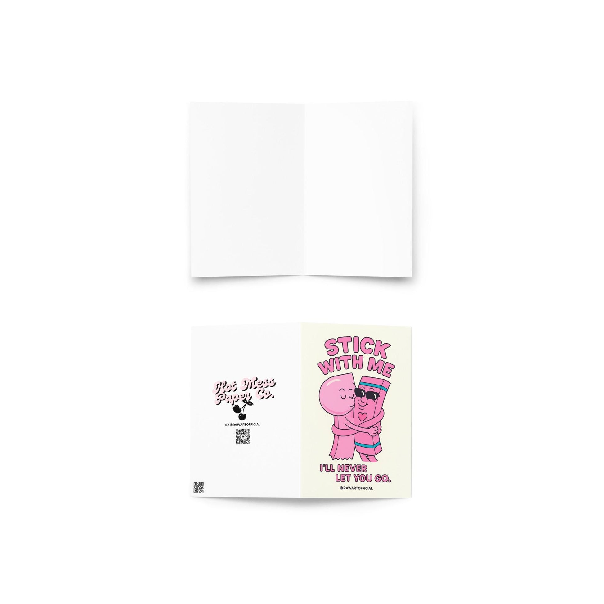 Greeting card with a cartoon pink gum hugging a candy stick in sunglasses, text reads “Stick With Me — I’ll Never Let You Go.”