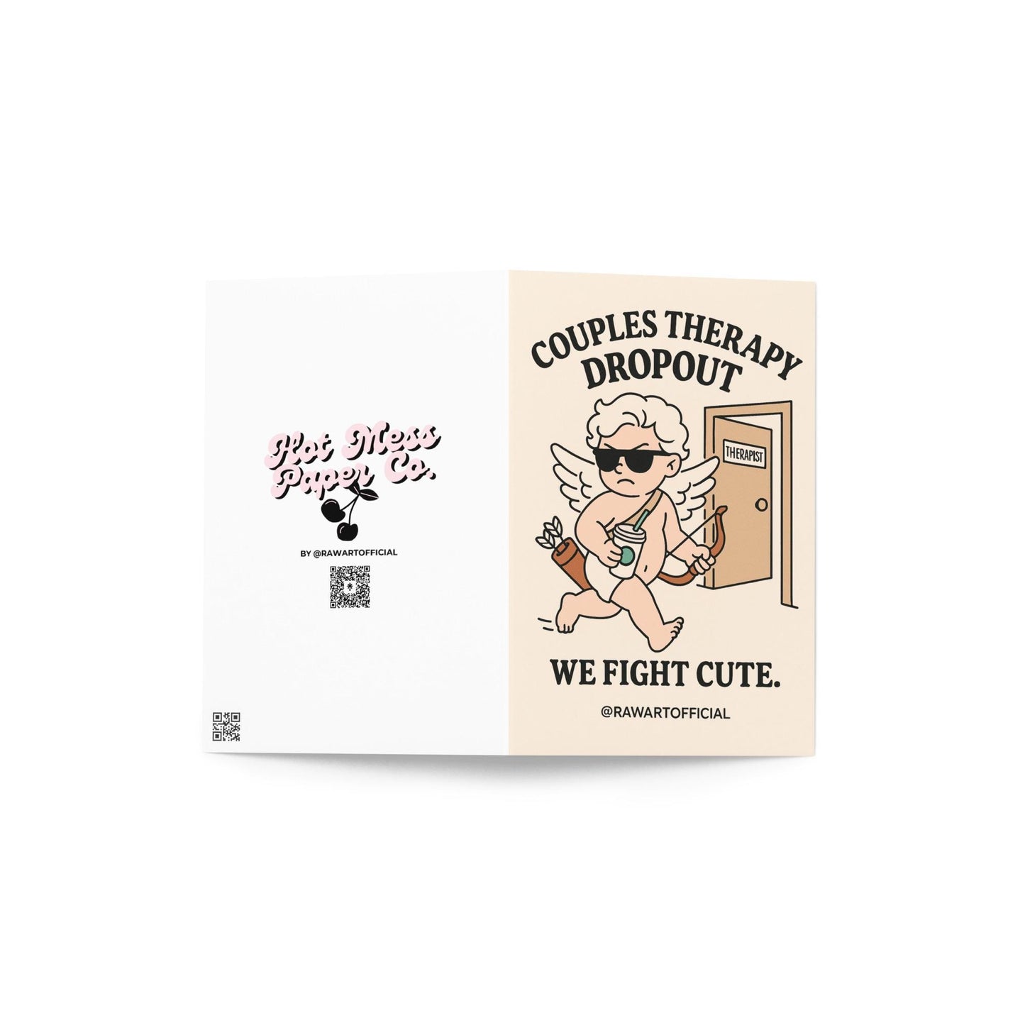 Cartoon Cupid leaving therapy office with iced coffee, bow, and sunglasses — text reads “Couples Therapy Dropout. We Fight Cute.”