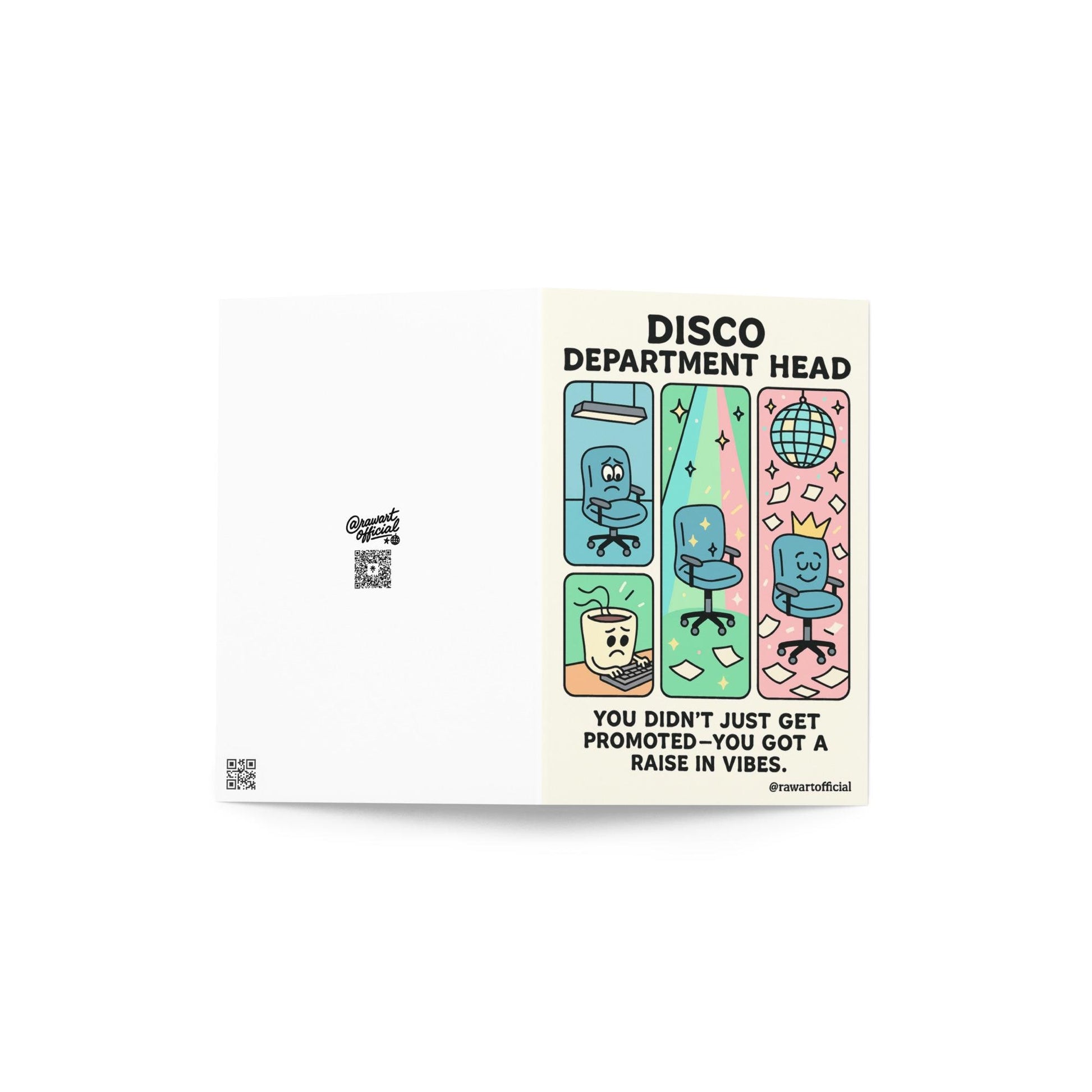 Greeting card featuring a cartoon office chair transforming under disco lights with the phrase “Disco Department Head – You got a raise in vibes.”