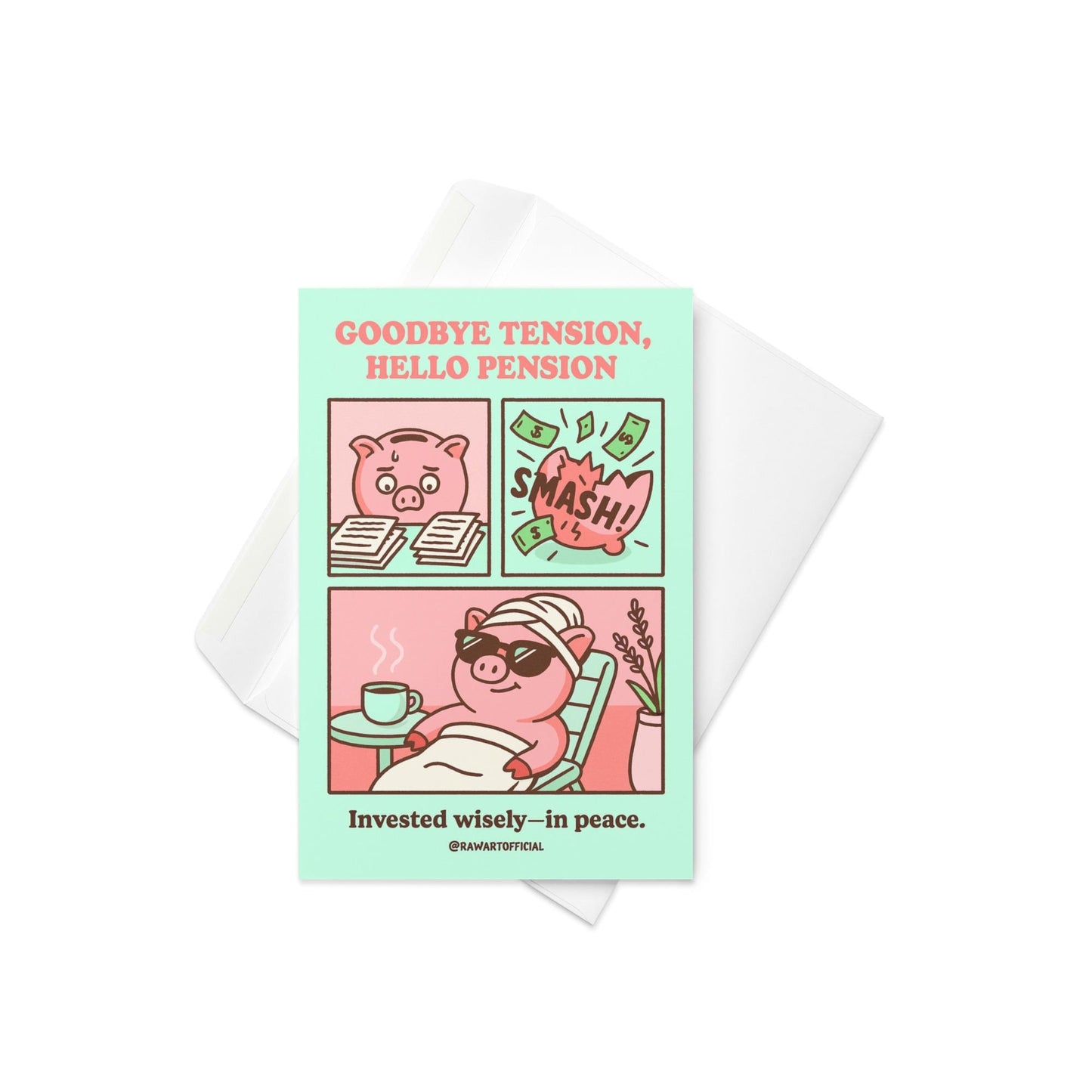 Funny pink pig cartoon breaking its piggy bank, relaxing on a spa chair with coffee—captioned “Goodbye Tension, Hello Pension.”