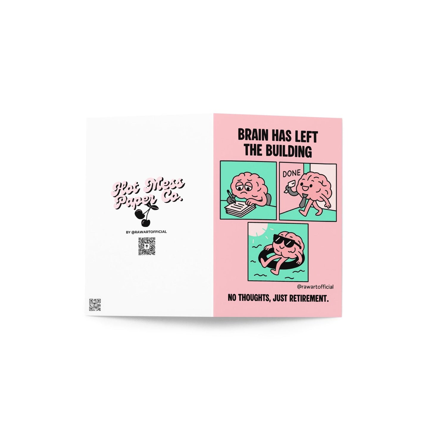 Funny pink retirement card featuring a cartoon brain relaxing on a pool float with the text “No Thoughts, Just Retirement”