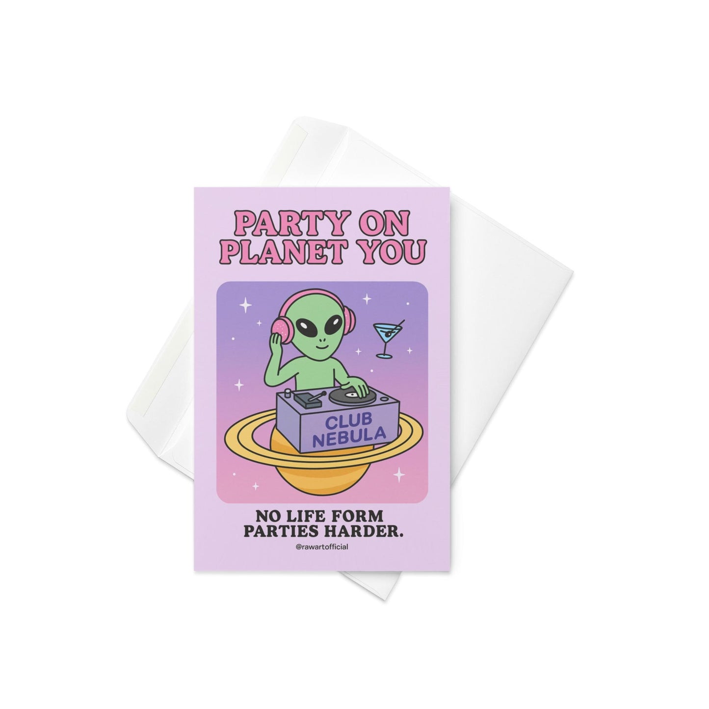 Retro cartoon alien DJ spinning records on a planet at “Club Nebula” with text “Party on Planet You.”