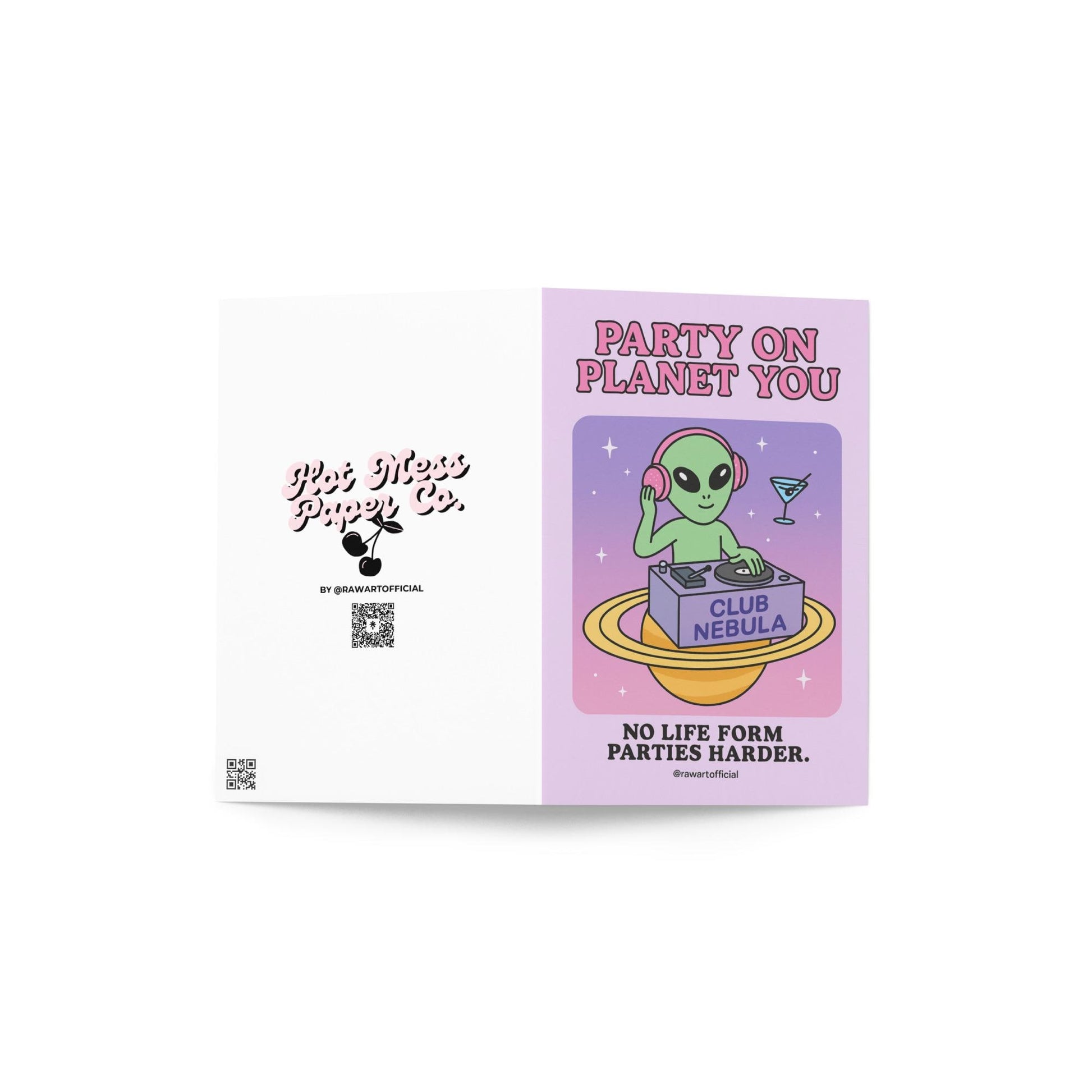 Retro cartoon alien DJ spinning records on a planet at “Club Nebula” with text “Party on Planet You.”